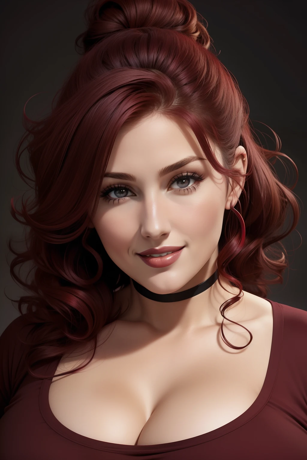 lucy pinder, face portrait, smiling, chubby woman, maroon hair, curly hair, hair tied in a chignon, red lipstick, black t-shirt