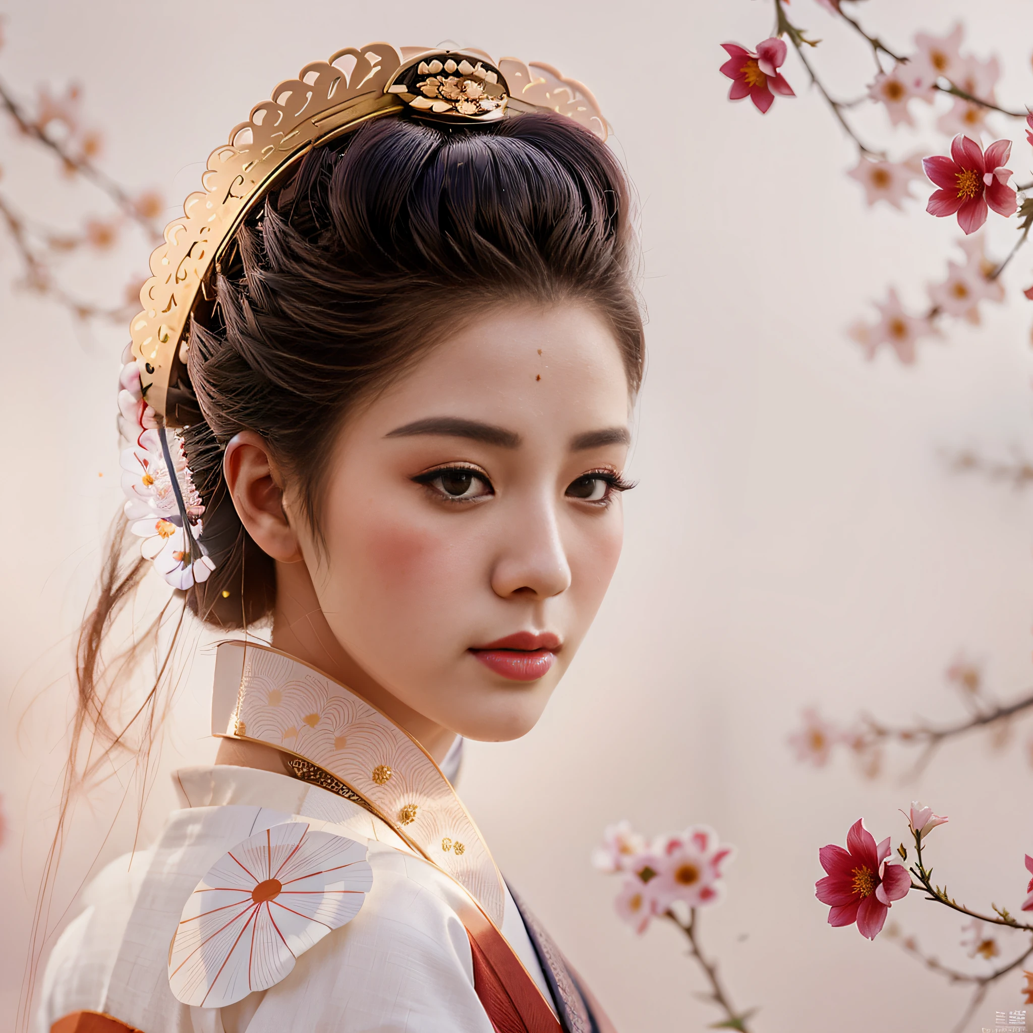 woman with a hairstyle and a flower in her hair, Portrait of a beautiful geisha, Geisha portrait, a beautiful art illustration, Portrait of a geisha, elegant Japanese woman, beautiful digital art, inspired by Yun Du-seo, Portrait of Mulan, stunning digital illustration, female Korean idol portrait, exquisite digital illustration.