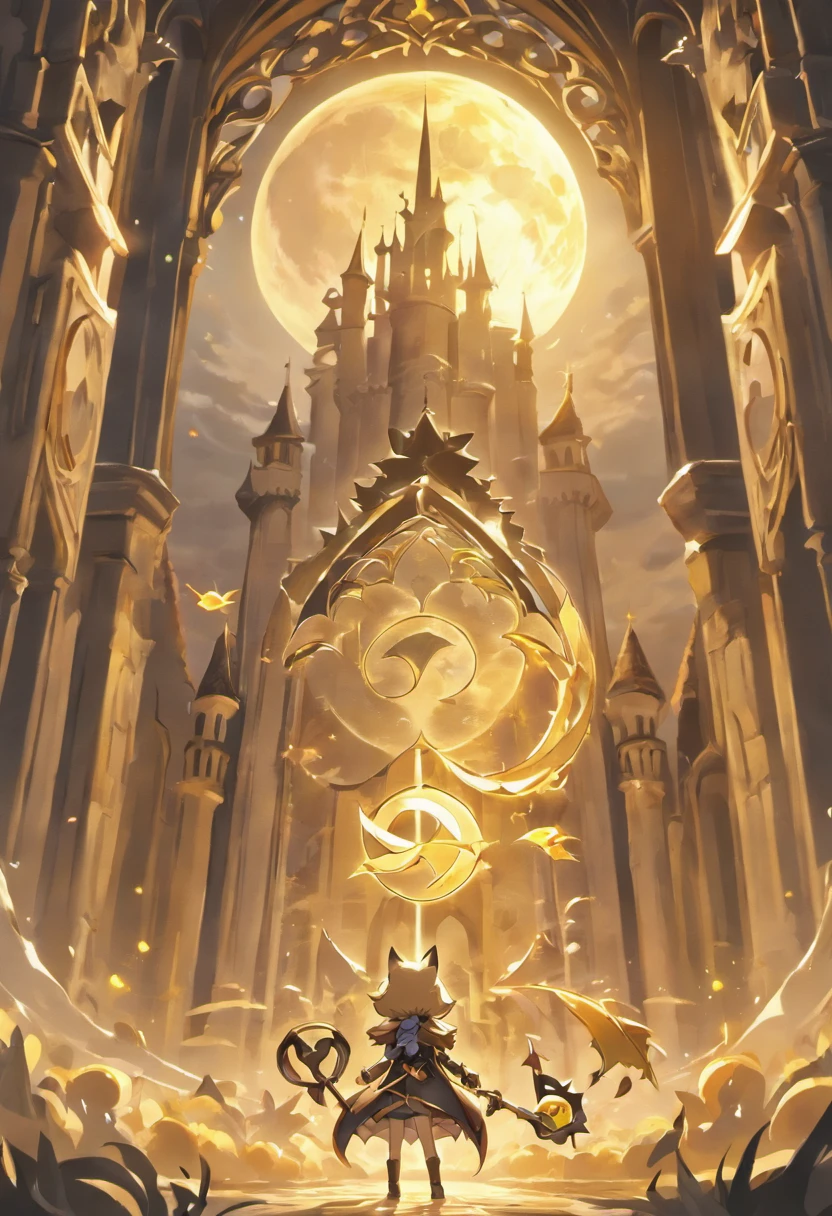 (Masterpiece, best quality, 8k resolution, perfect detail, very detalied), wolf-like creture focus, howling, fantasy setting, golden sky, (intricate gothic castle in background), focus wielding a scythe, full moon