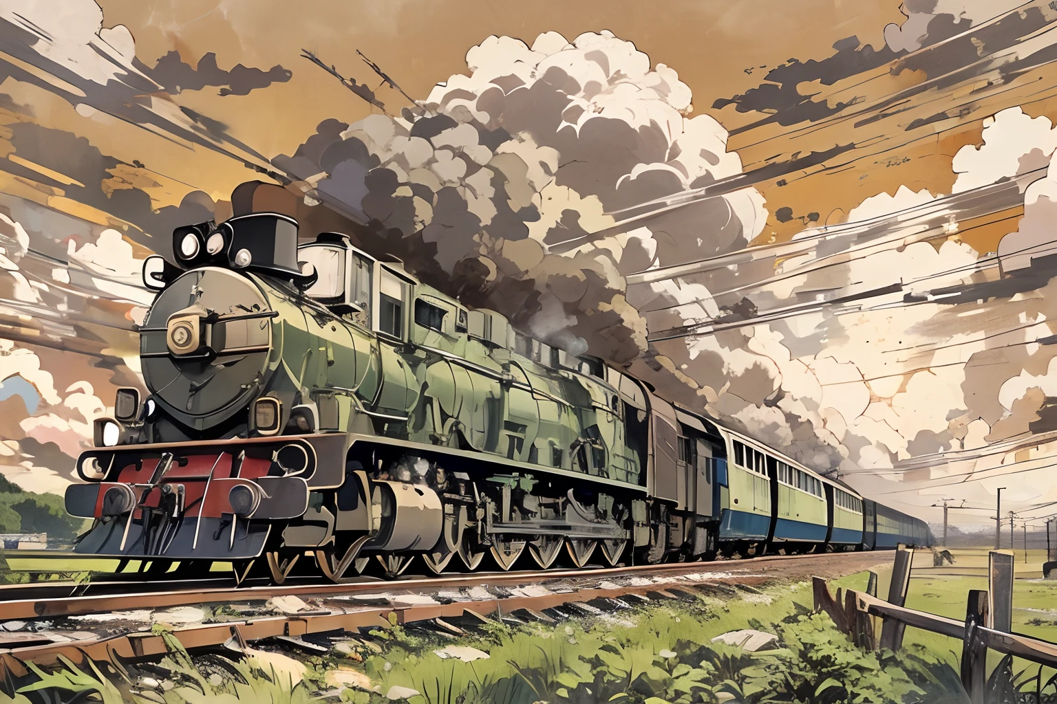 Locomotive with smoke in the center、headlight、Japan countryside、Cinematic scenery、Ghibli、Big Moon、Clouds,masutepiece,Best Quality,Sketch style、