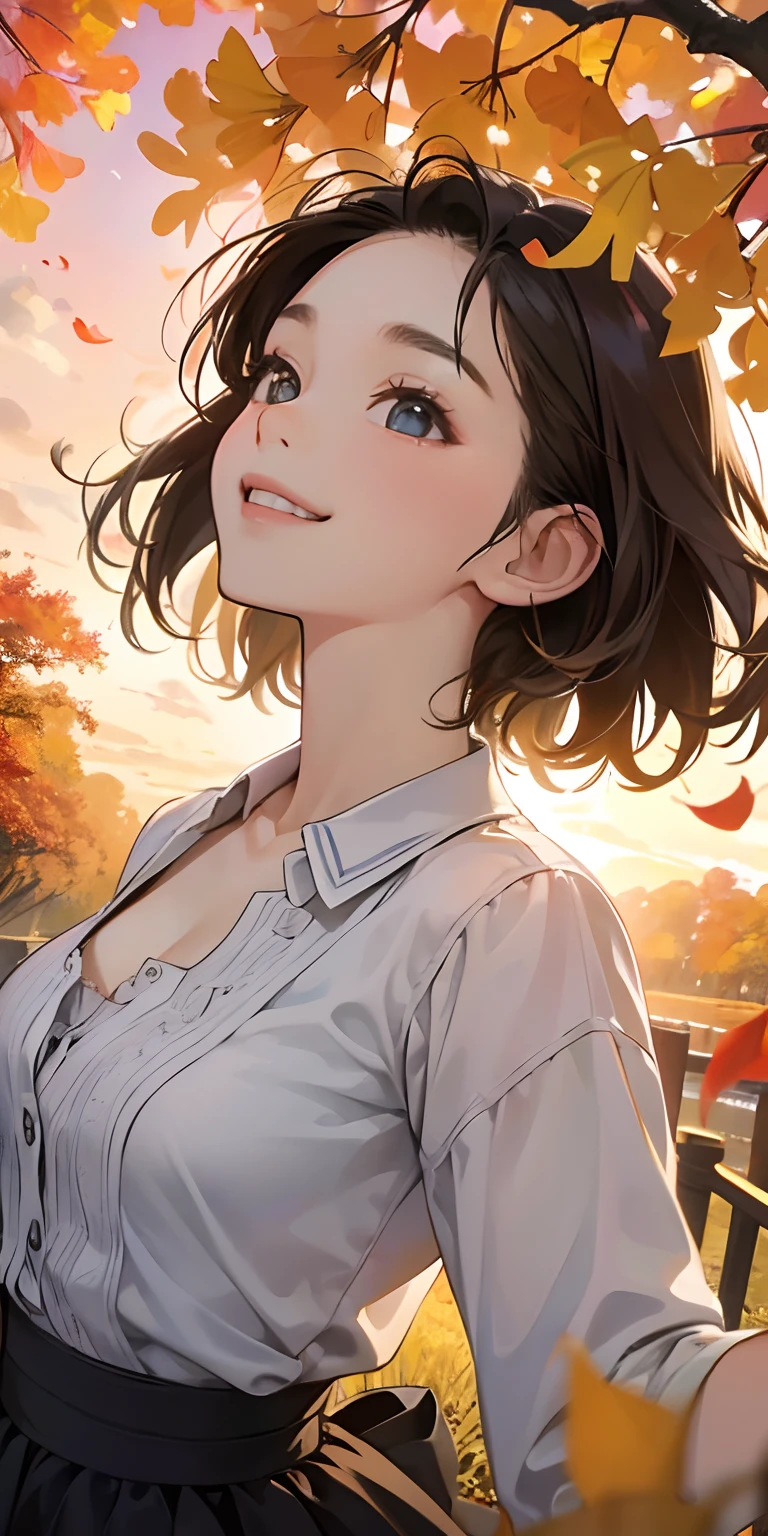 realisticlying、 female child、Outdoohion、Dynamic close-up looking up from under a ginkgo tree、Beautiful autumn leaves、Slightly larger breasts with an emphasis on cleavage、Versatile sexy poses、The sky turns red at sunset、Face smile