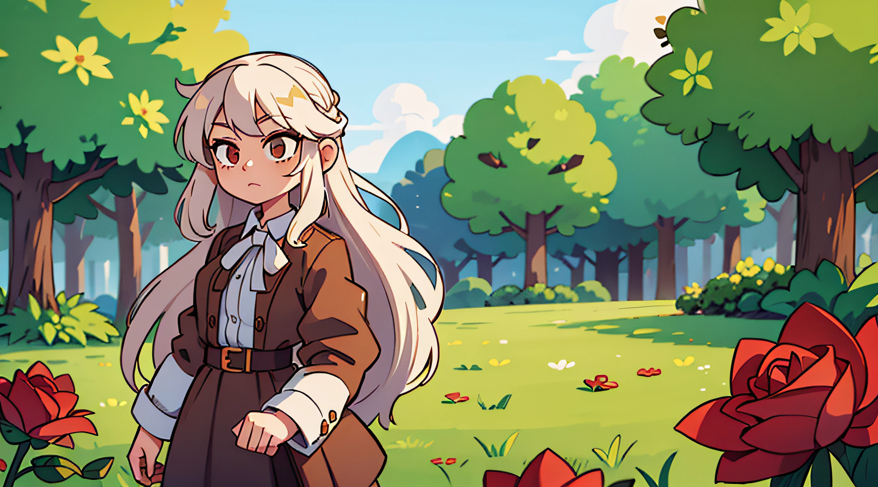 Girl with long white hair holding roses. Girl with long brown hair. A park
