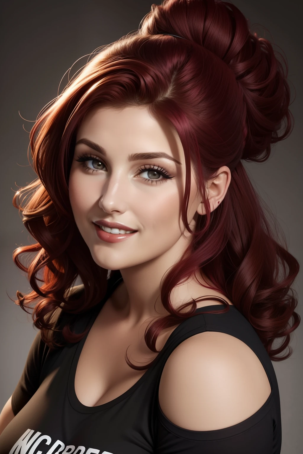 lucy pinder, face portrait, smiling, chubby woman, maroon hair, curly hair, hair tied in a chignon, red lipstick, black t-shirt