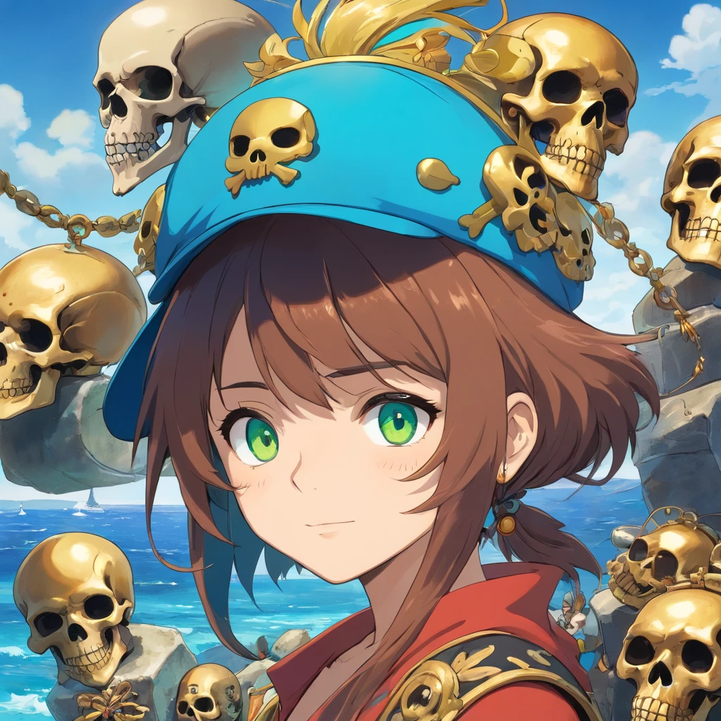 skull face, PFP, skull pirate, skull pirate hat, background with the sea, vibrant colors, golden accessories, brilliant eyes (blue, brown, black, green, neon), skull body and skull face colors (black, white, yellow, brown, gold), skull face with many skull tattoos, centralized character, looking forward with an skull evil face.