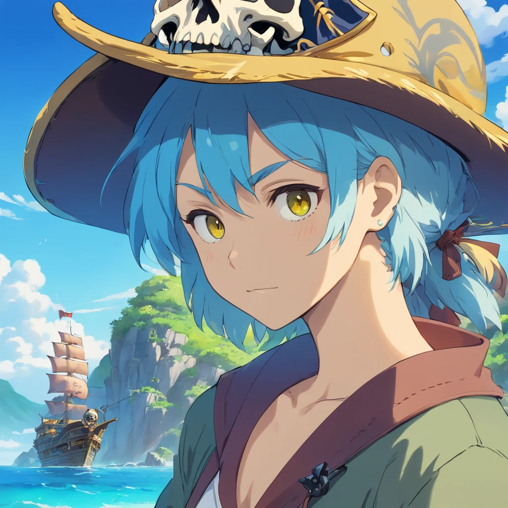 skull face, PFP, skull pirate, skull pirate hat, background with the sea, vibrant colors, golden accessories, brilliant eyes (blue, brown, black, green, neon), skull body and skull face colors (black, white, yellow, brown, gold), skull face with many skull tattoos, centralized character, looking forward with an skull evil face.