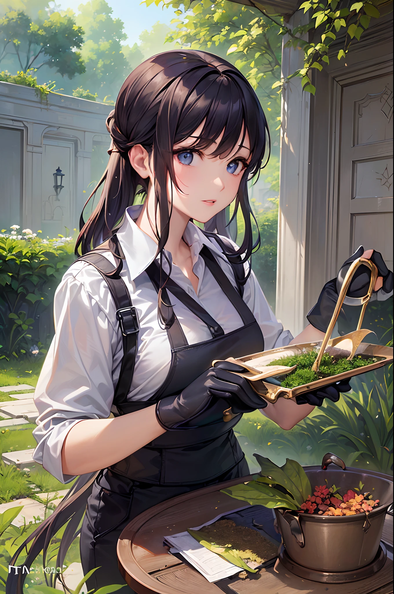 ((Finest quality)),(超A high resolution),(ultra-detailliert),(Meticulous portrayal),((best pictures)),(Finest works of art),Ultra-Precision Art,The art of astounding depiction,Fantasyart:1.5, (One Female Gardener:1.5),(Work clothes:1.5),