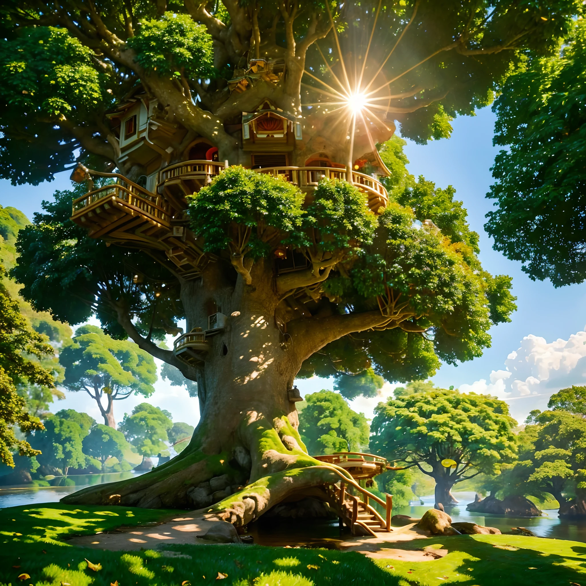 "Create an image that depicts a treehouse bathed in the intense glare of the sun on a sunny day. Capture the details of the tree leaves dancing in the wind and the golden light that illuminates the interior of the treehouse. Convey the sense of joy and adventure of this setting in your image."