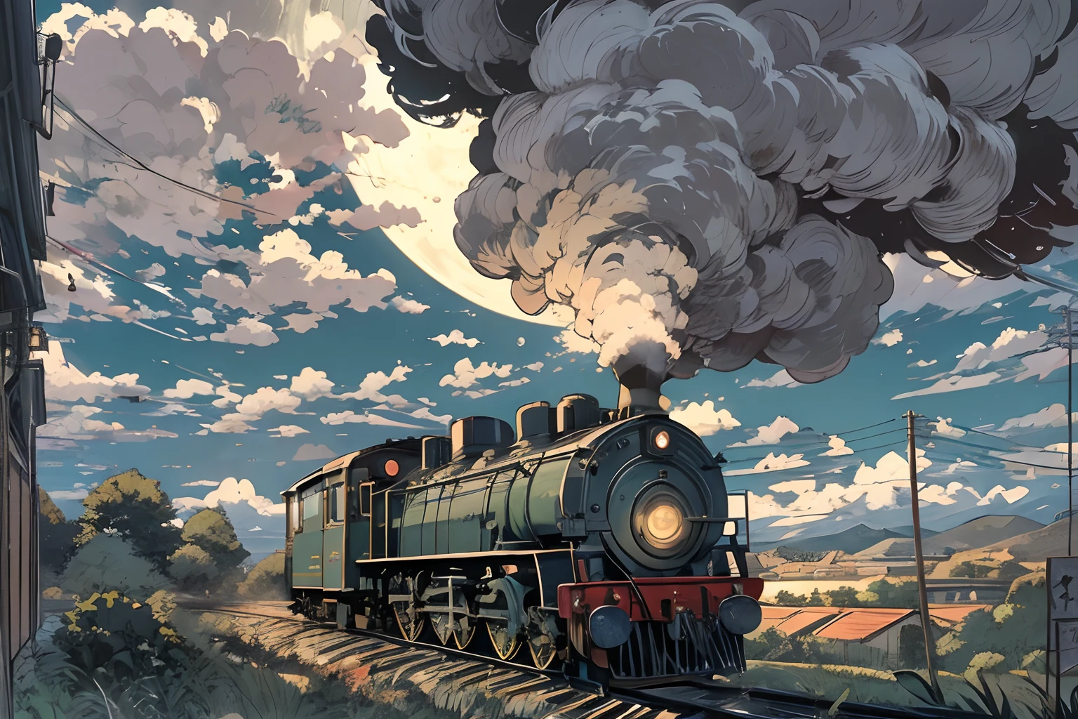 Locomotive with smoke in the center、headlight、Japan countryside、Cinematic scenery、Ghibli、Big Moon、Clouds,masutepiece,Best Quality,Sketch style、