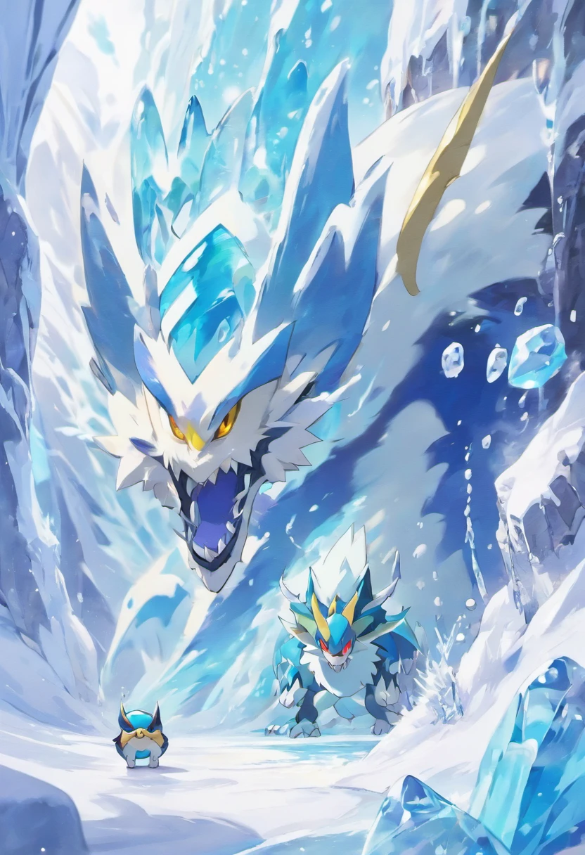 (Masterpiece, exquisite detail)Snowy cliffs in background, abstract art style, focus monster glaring at screen with yellow eyes, ice/poison type, oozing venom, legendary pokèmon