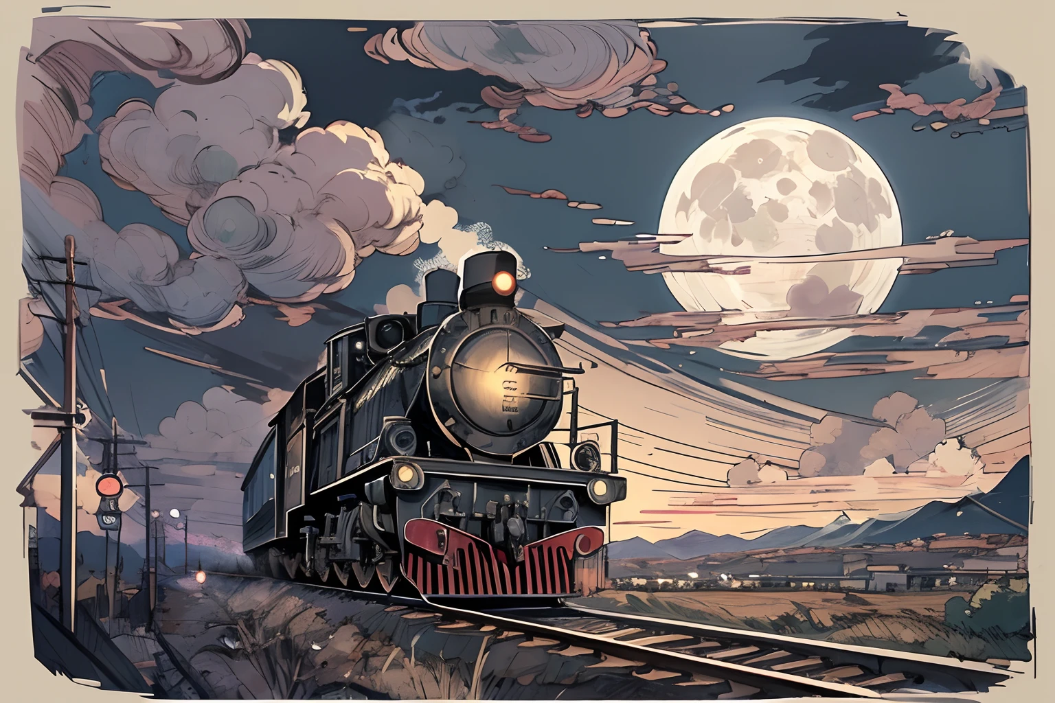 Locomotive with smoke in the center、headlight、Japan countryside、Cinematic scenery、Ghibli、Big Moon、Clouds,masutepiece,Best Quality,Sketch style、