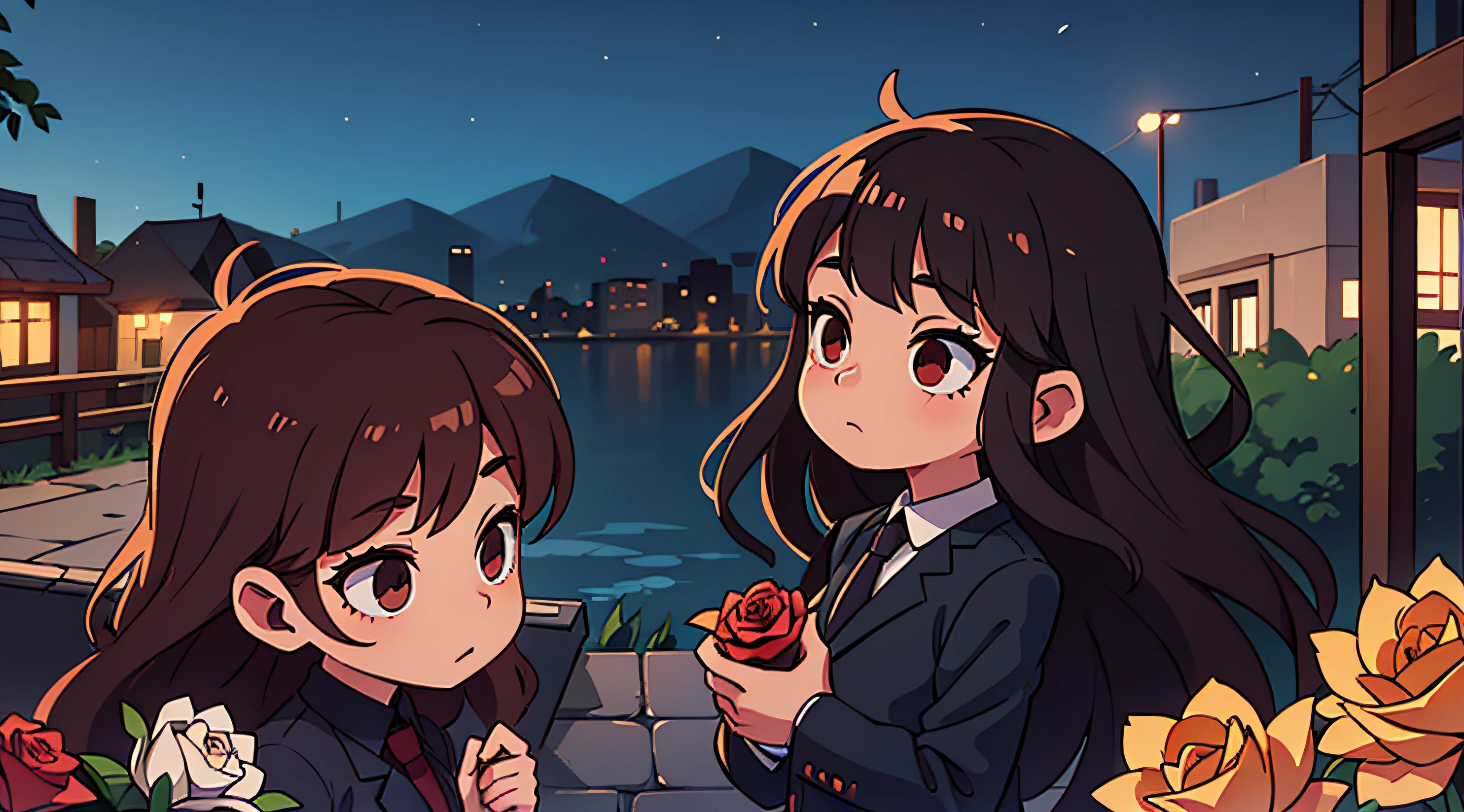 Girl with long white hair holding roses. Girl with long brown hair. night city. Black Suits