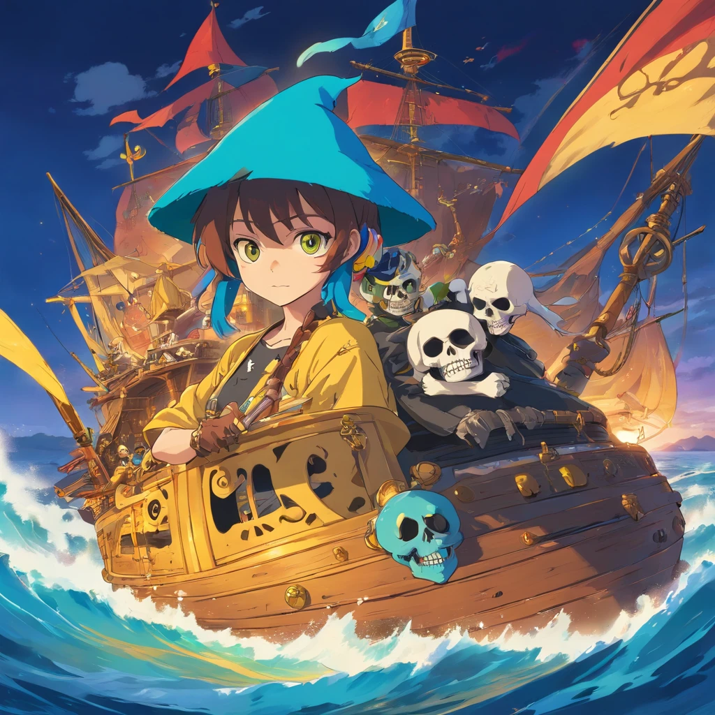 skull face, skull mask, PFP, skull pirate hat, background with the sea, vibrant colors, golden accessories, brilliant eyes (blue, brown, black, green, neon), skull body and skull face colors (black, white, yellow, brown, gold), skull face with many skull tattoos, centralized character, looking forward with an skull evil face.