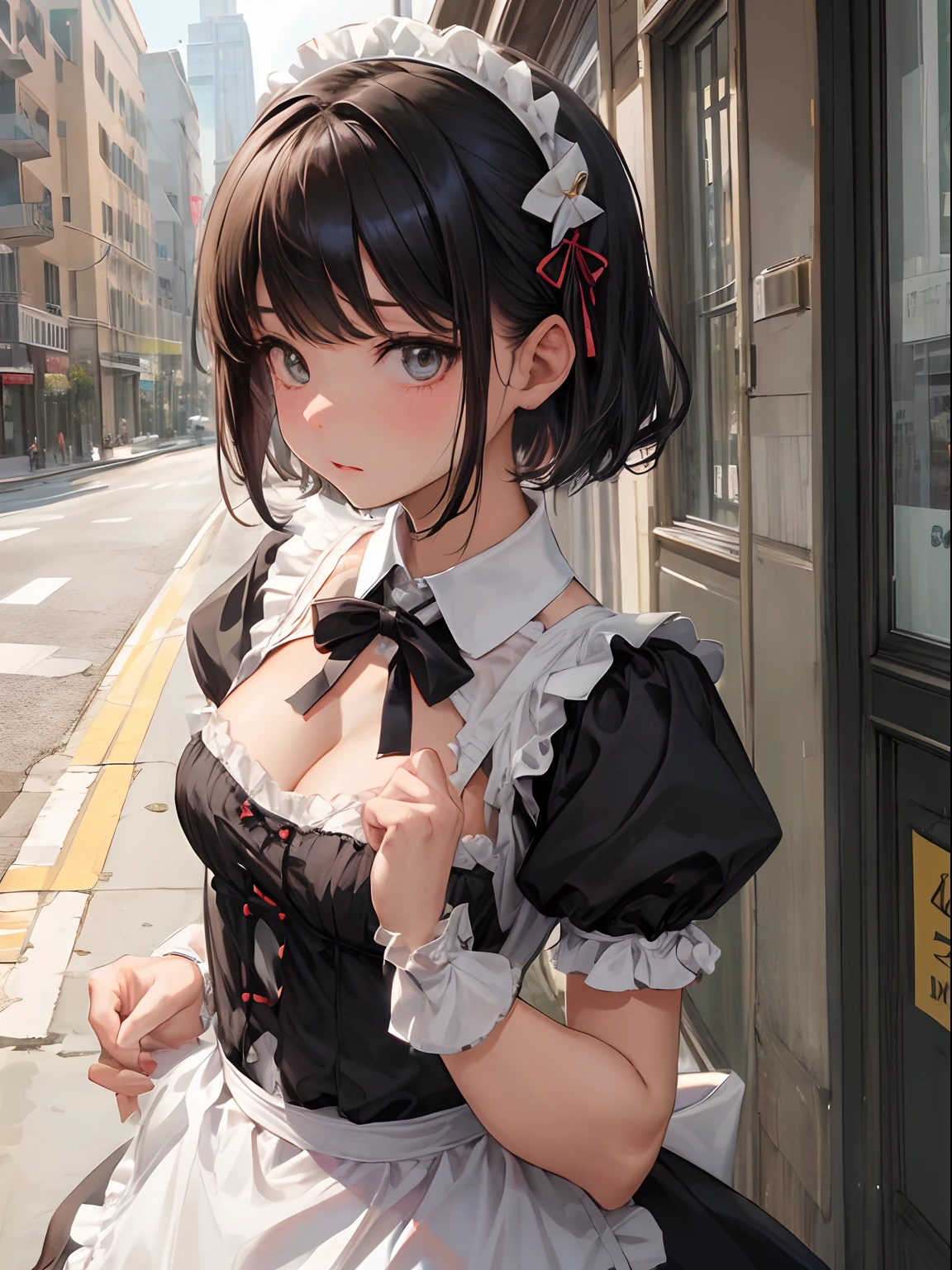 1girl, solo, masterpiece, best quality, high res, highly detailed, (illustration), beatiful detailed eyes, yuigahama yui, single hair bun, glossy lips, light make-up, (maid), cleavage, parted lips, facing viewer, thigh highs, high heels, city street, standing, small maid apron
