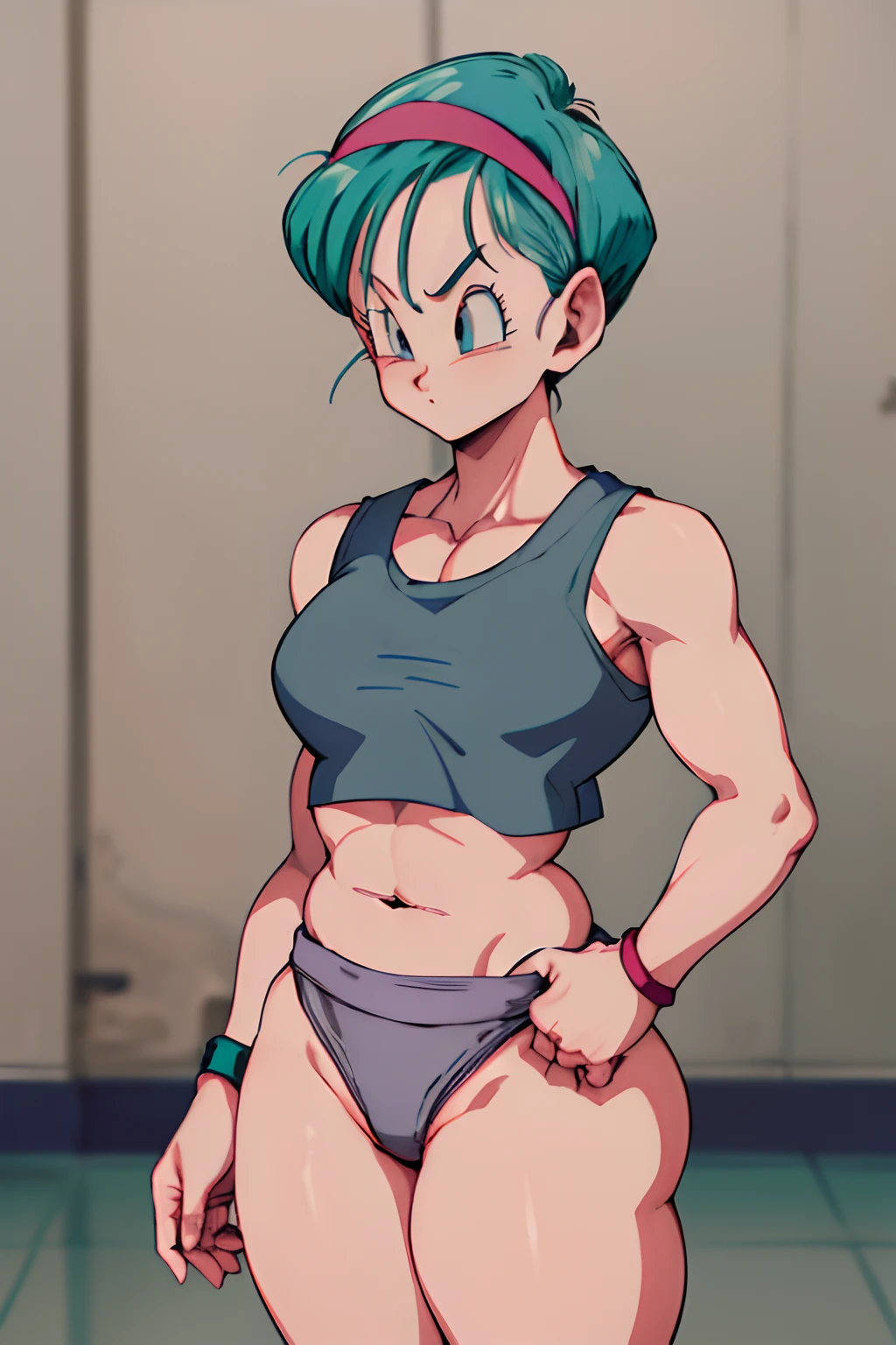 masterpiece, best quality, highres, dragon ball, blmpony, ((aqua hair)), (short hair), medium breasts, (((gray tanktop, crop top))), belly button, (((grey panties))), ((panties)), ((thick thighs)), head band, standing, red tiled floor, metalic walls, slim, skinny