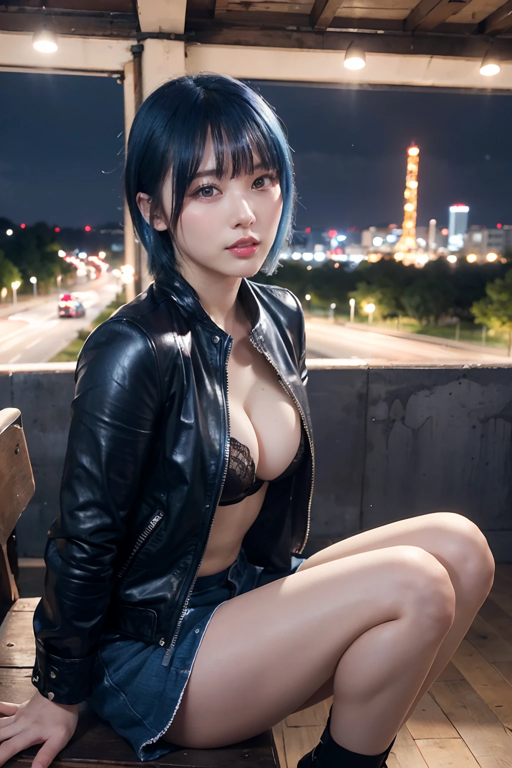 ((masutepiece)), ((Best Quality)), (Ultra-detailed), ((Extremely detailed)), 4K, (8K), Best Quality, (Beautiful), Dynamic Angle, city, Town, Night, Cute little girl s, 1girl in, Solo, Leather jacket, Beautiful blue hair 0, ((Beautiful eyes)), Short hair, Colossal tits, Cool, beauty legs