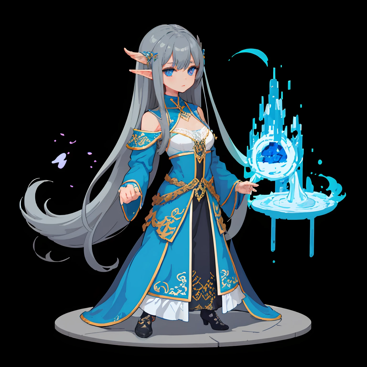 Black background、full bodyesbian、elvish、long-haired gray-haired、Blue national costume、Wearing a blue aura