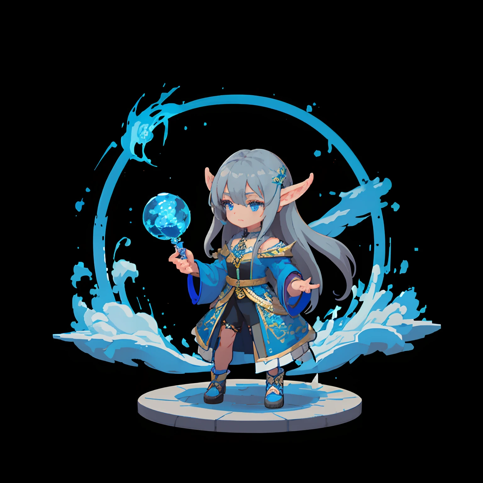 Black background、full bodyesbian、elvish、long-haired gray-haired、Blue national costume、Wearing a blue aura