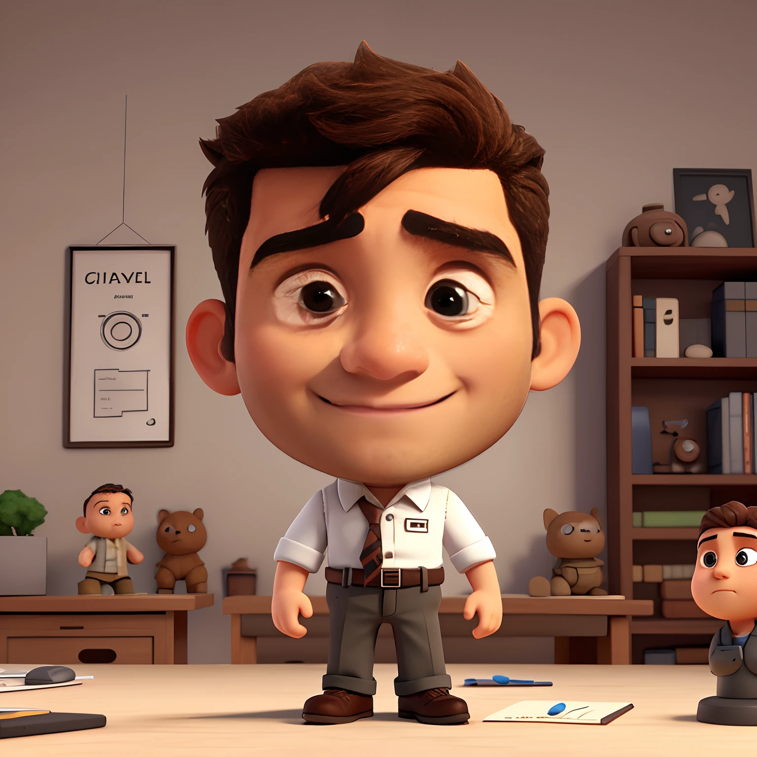 Cute little 30 year old male civil engineer, huge head, shot undercut hair, highly detailed eyes, frontality, fit, looks like a boss, whole body view, Highly detailed hands, toy figures, best quality, 3d cartoons, whole body view, fantasy, dream, surrealism, super cute, Drawing of a man with small beard, short hair in black, big forhead, Big eyes in brown, with civil engineer helmet in white color, white man, fine strokes, Beautiful, Beautiful, Realistic, realistic cartoons, without glasses