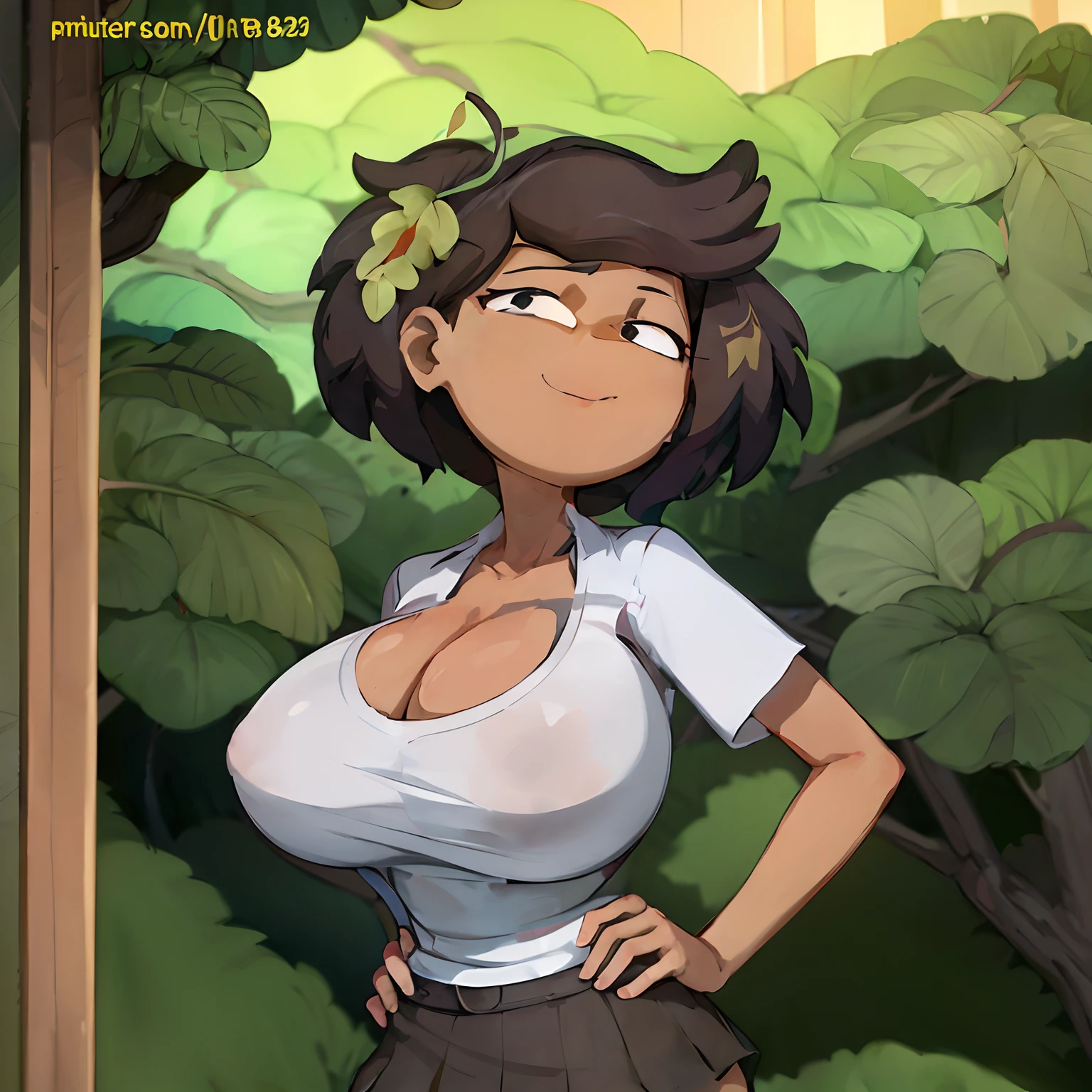 una chica de dibujos animados con una camisa blanca y una falda posando para una foto, forest city streets behind her, Tiro de busto, character is in her natural pose, Arte Oficial, commission for high resolution, (SFW) Seguro para el trabajo, Anime Lush John 8K Woods, Vestido casualmente, vestido casualmente, cel-shaded:17, arbustos gruesos