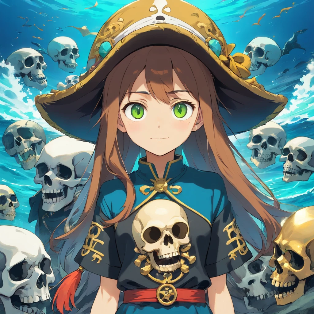 skulls face, skulls mask, skulls PFP, skulls pirate hat, background with the sea, vibrant colors, skulls golden accessories, brilliant eyes (blue, brown, black, green, neon), skull body and skull face colors (black, white, yellow, brown, gold), skulls face with many skull tattoos, centralized character, looking forward with an skulls evil face, all picture must have skulls face.