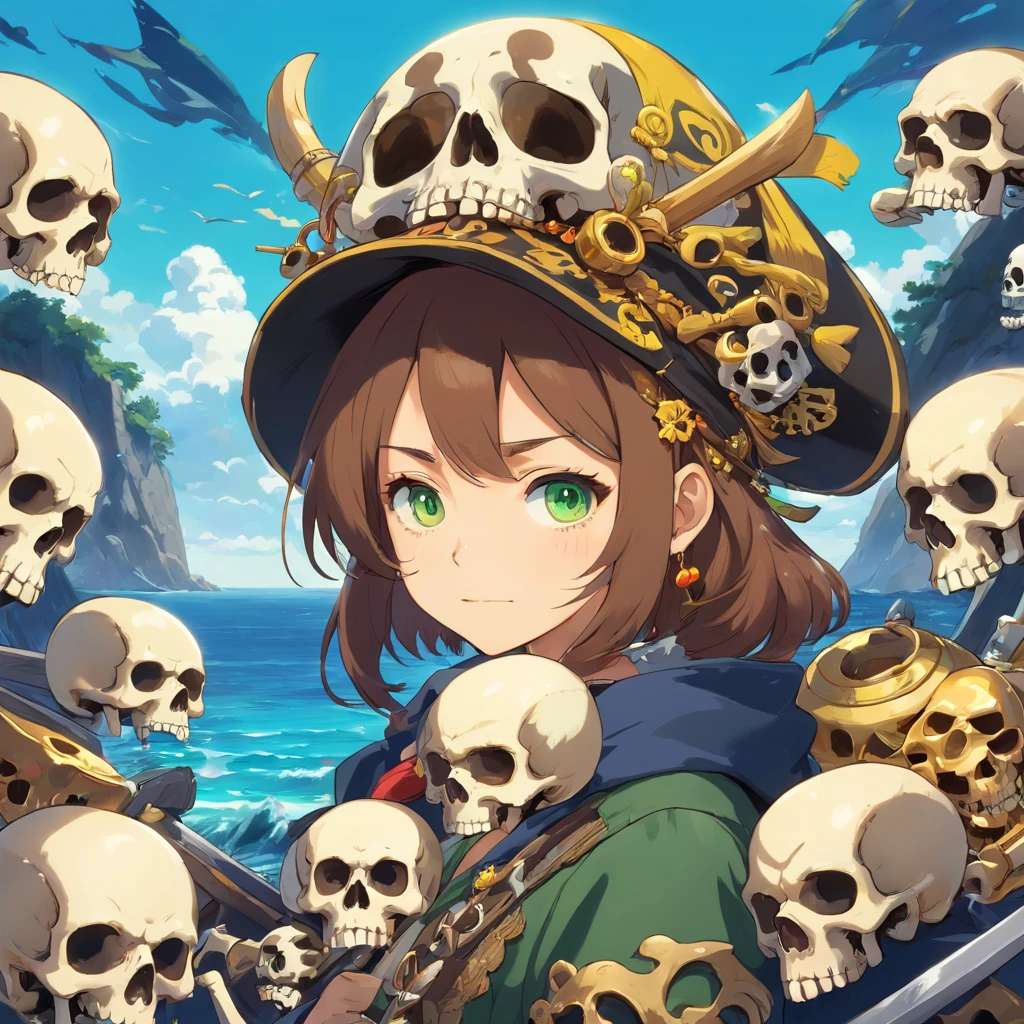 skulls face, skulls mask, skulls PFP, skulls pirate hat, background with the sea, vibrant colors, skulls golden accessories, brilliant eyes (blue, brown, black, green, neon), skull body and skull face colors (black, white, yellow, brown, gold), skulls face with many skull tattoos, centralized character, looking forward with an skulls evil face, all picture must have skulls face.