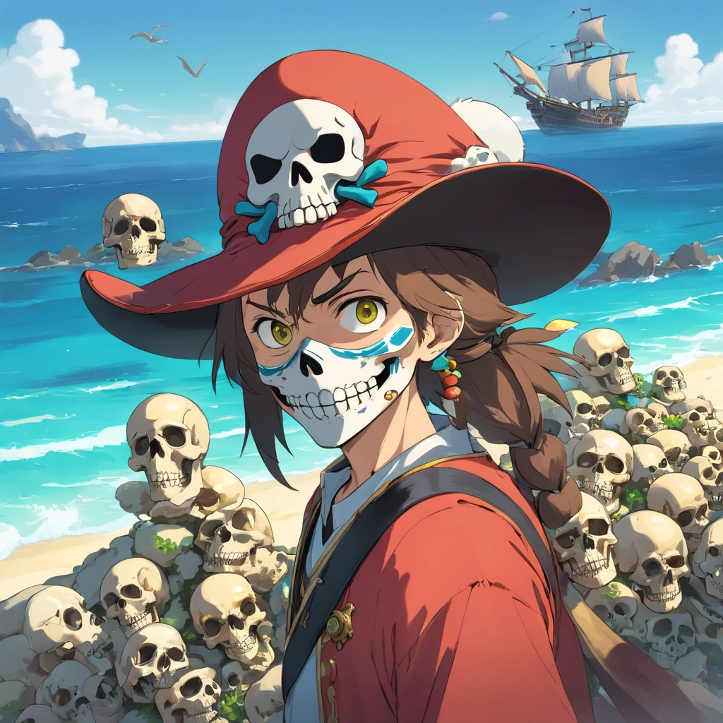 skulls face, skulls mask, skulls PFP, skulls pirate hat, background with the sea, vibrant colors, skulls golden accessories, brilliant eyes (blue, brown, black, green, neon), skull body and skull face colors (black, white, yellow, brown, gold), skulls face with many skull tattoos, centralized character, looking forward with an skulls evil face, all picture must have skulls face.