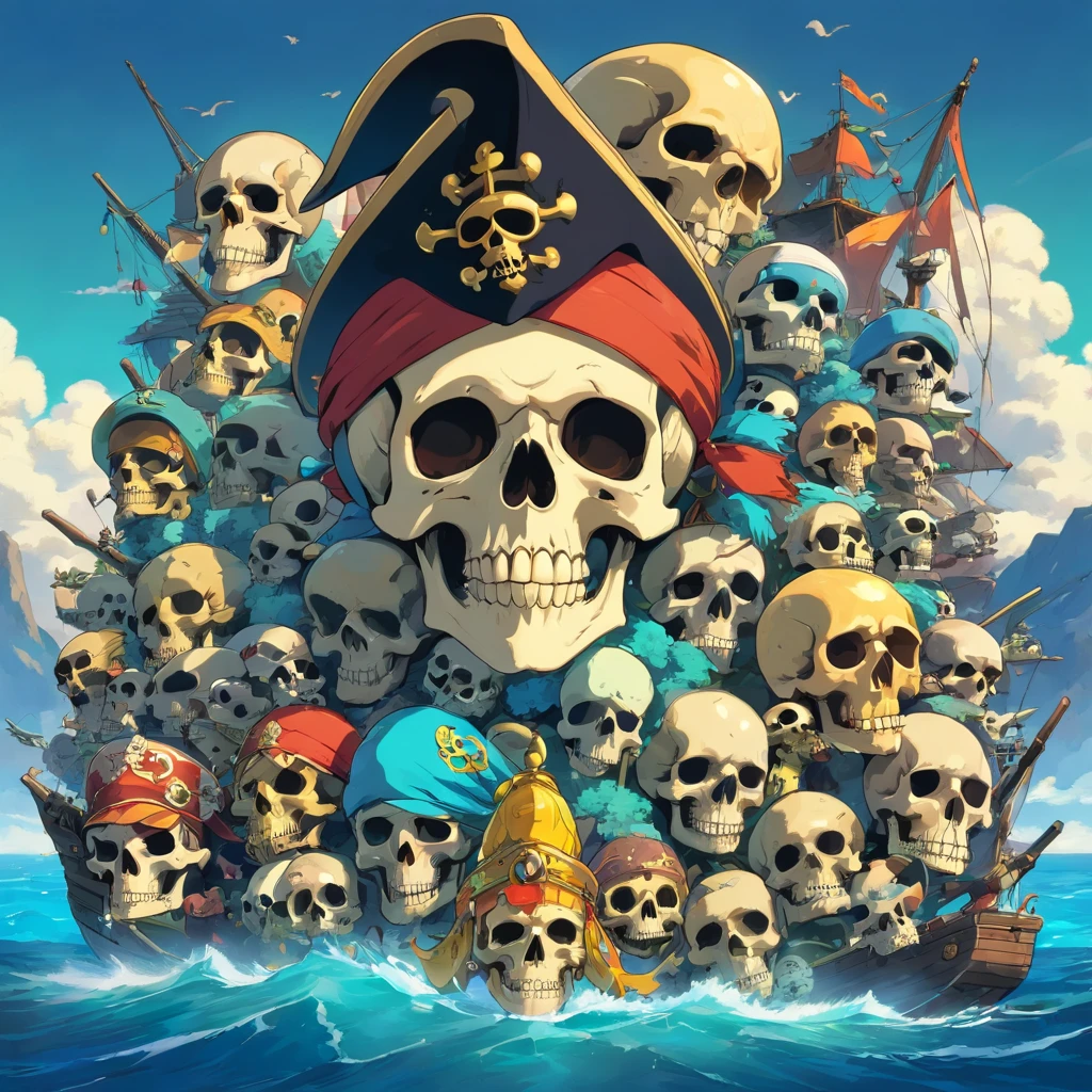 skulls face, skulls mask, skulls PFP, skulls pirate hat, background with the sea, vibrant colors, skulls golden accessories, brilliant eyes (blue, brown, black, green, neon), skull body and skull face colors (black, white, yellow, brown, gold), skulls face with many skull tattoos, centralized character, looking forward with an skulls evil face, all picture must have skulls face.