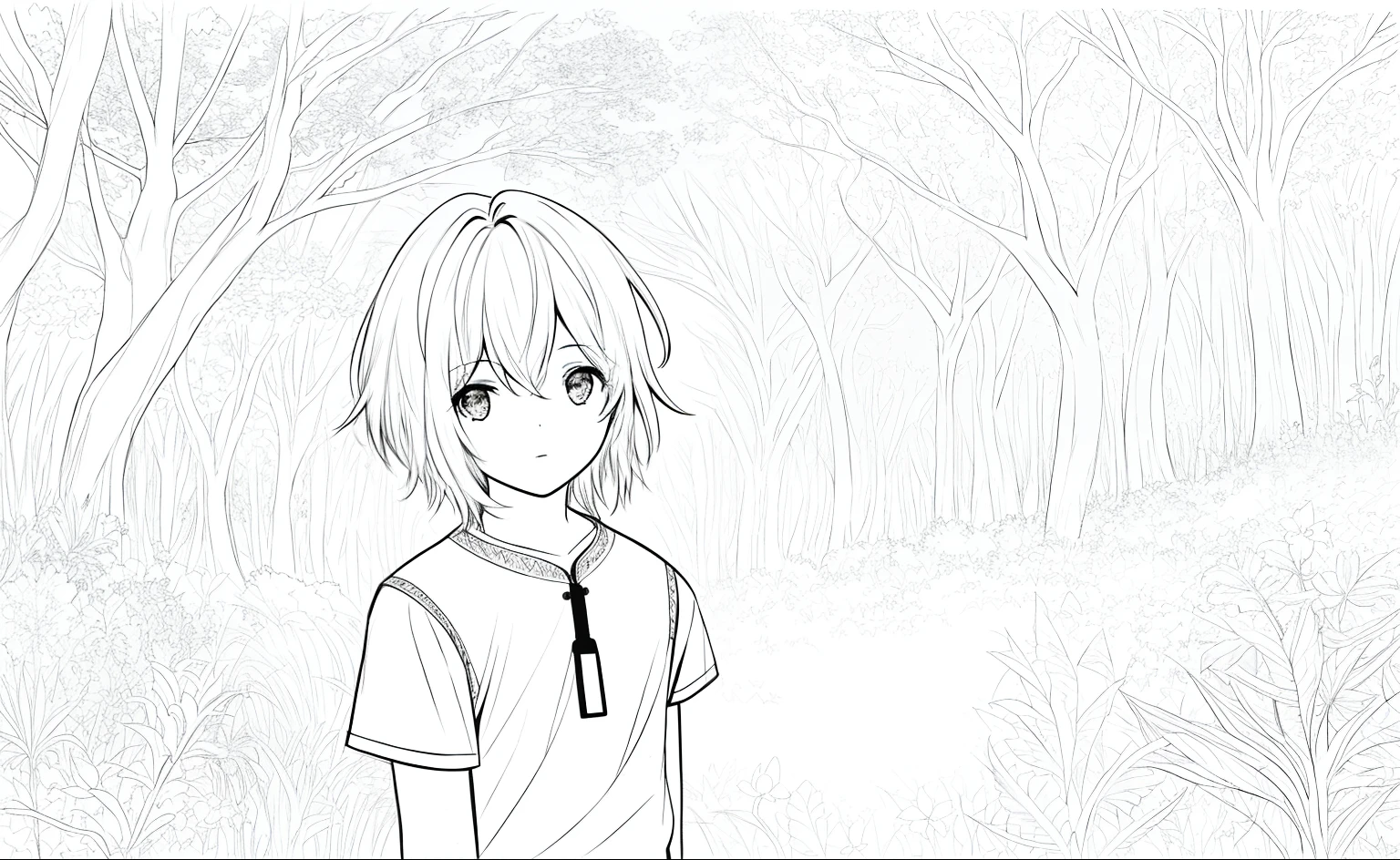 cabelo curto ,roupa simples,anatomia detalhada,short curto,solo,1boy, Floresta,lineart,monocromatico