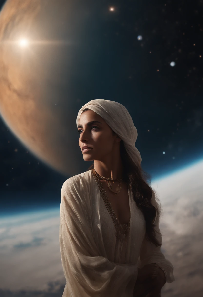 (masterpiece:1.2), (best quality,8k), hyper-realistic portrait of an Arabian girl with a nebula background, floating above the Earth