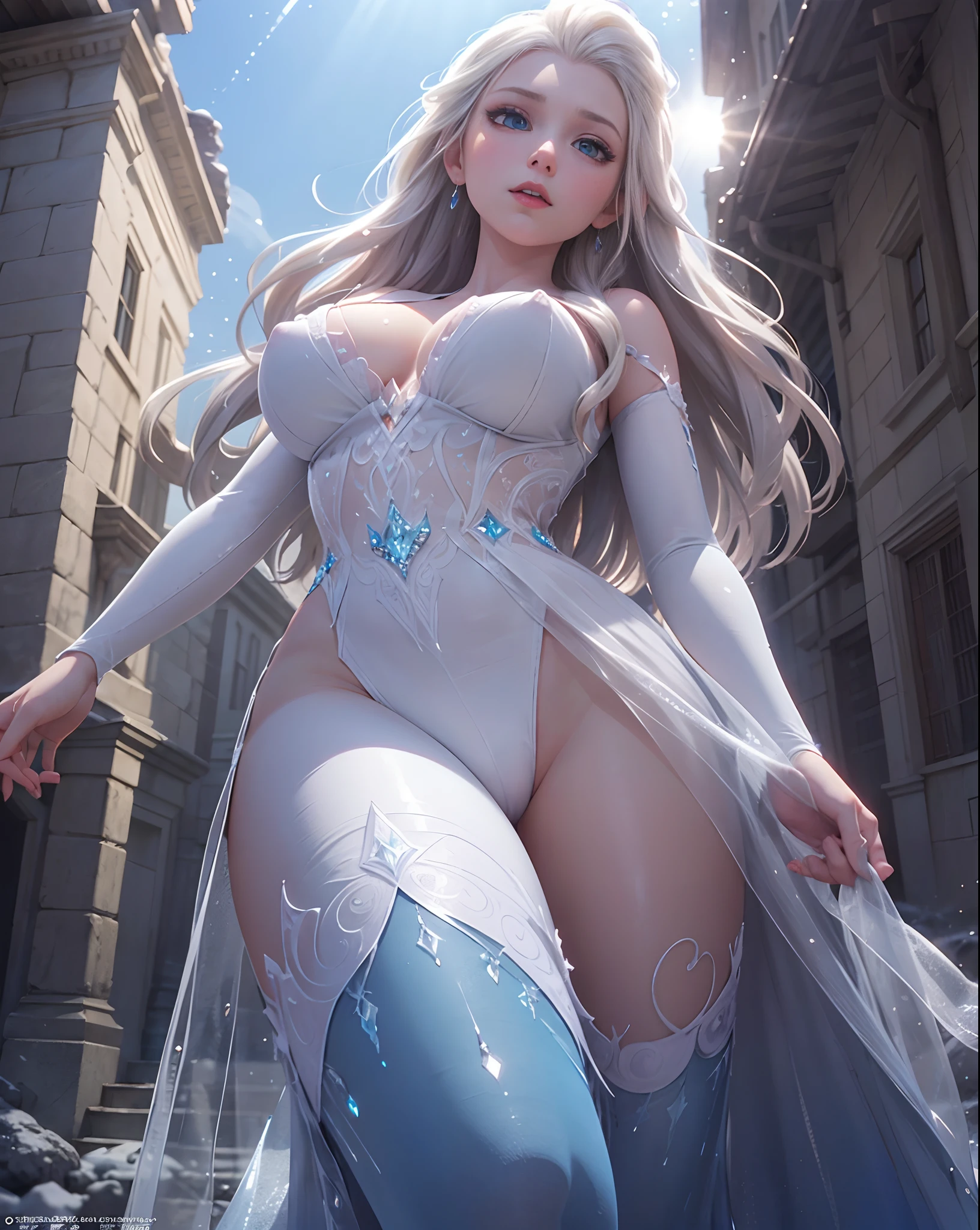 (best quality, masterpiece, colorful, dynamic angle, view from below, highest detailed) upper body photo, (elsa from frozen), nude photography of cute white long hair girl (Stunning mature woman), ((massive gigantic breasts)), undressing high detailed Frozen white suit (high resolution textures), in dynamic pose, bokeh, open pubic area, vagina, pussy, perky nipples, (intricate details, hyperdetailed:1.15), detailed, sunlight passing through hair, epic ice storm background, (official art, extreme detailed, highest detailed),