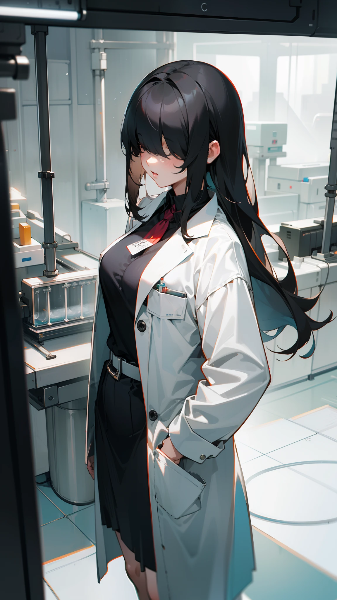 1girl ,20s,scientist outfit, white coat,medium tits,black hair,long hair,Hair over eyes,((standing in a laboratory,computer screens, test tubes)),cowboy shot