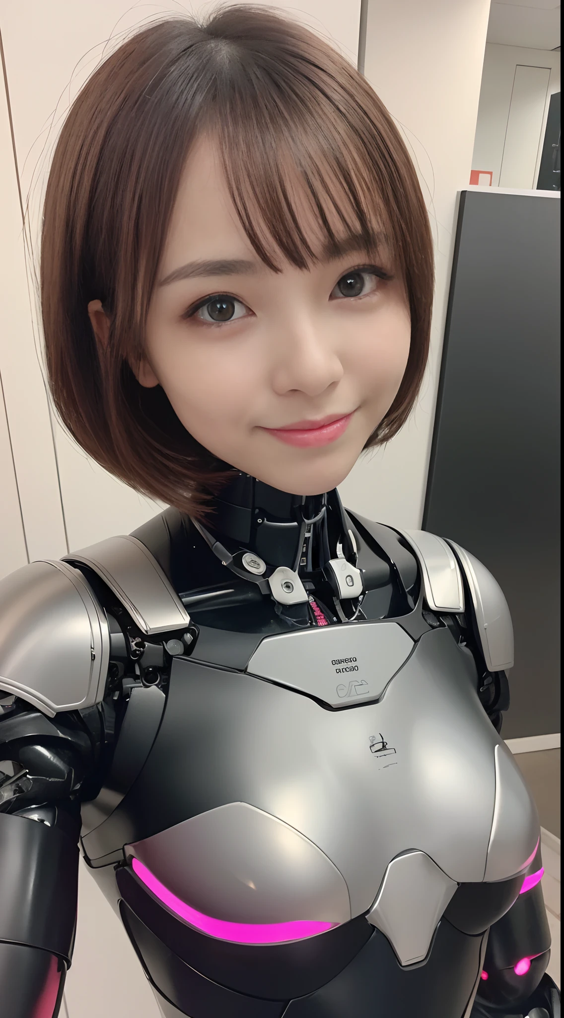 (32k, RAW photos: 1.2, best quality: 1.4, super high resolution: 1.2, masterpiece: 1.0), (cyberpunk: 1.3), (biopunk: 1.3), (female android: 1.5), ((body parts: robot parts: 1.8)), (Japan female cyborg), (wearing cyborg armor: 1.5), black and pink robot parts, mechanical, head is human, Female physical characteristics, cable wires on the body, whole body, (smile), (double eyelids), (light makeup), (short hair: 1.5), (straight hair), (brown hair), (large breasts: 1.5), Tokyo