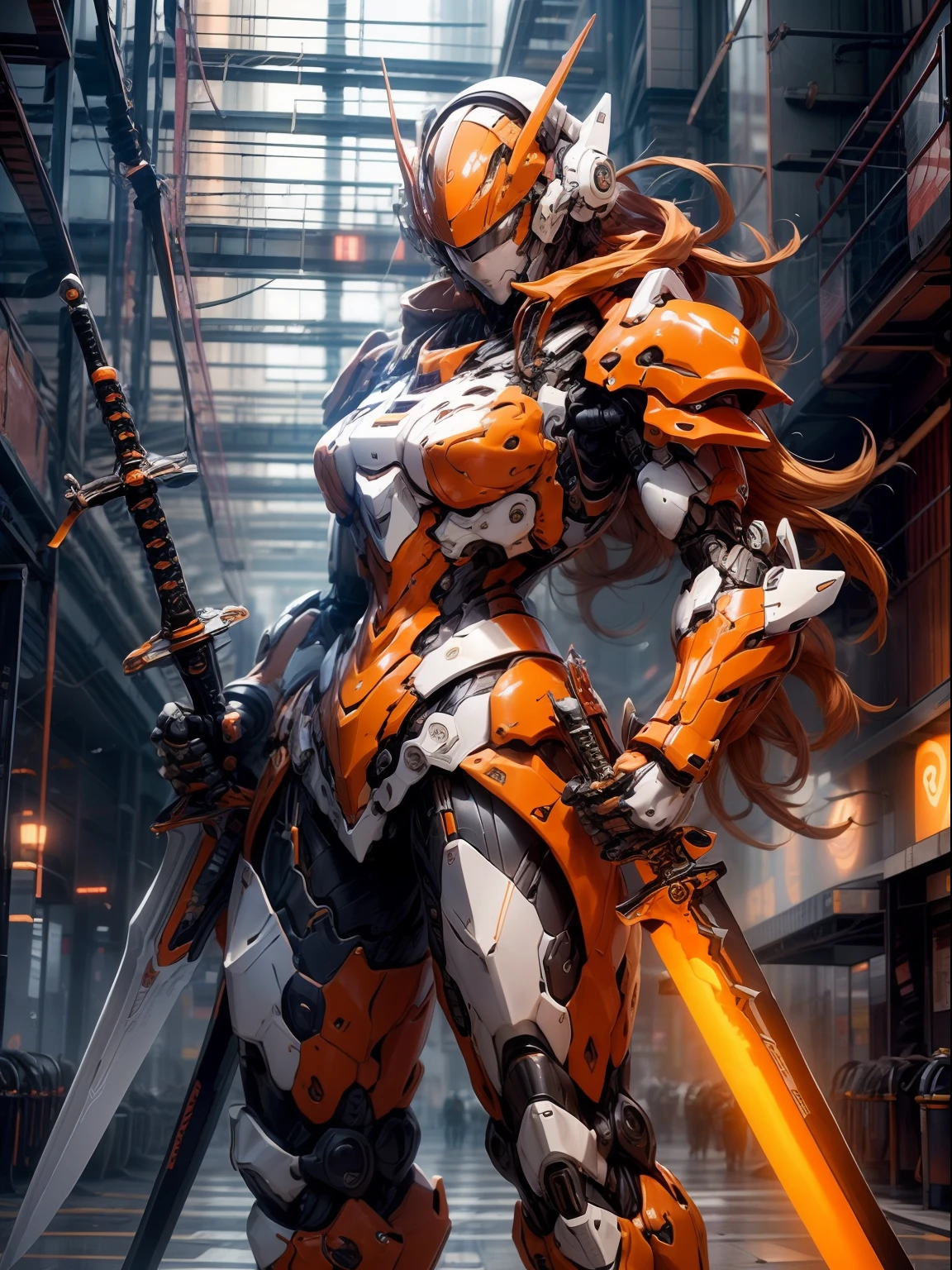 Mecha_Musume, 1girl, Longas_Hair, ciencia_fiction, arma, espada, propriedade_espada, laranja_olho, sozinho, kalap, propriedade_arma, Mecha, Standing, segurando espada, with sword in hand, sword hand,((sword hand)),parte superior do corpo