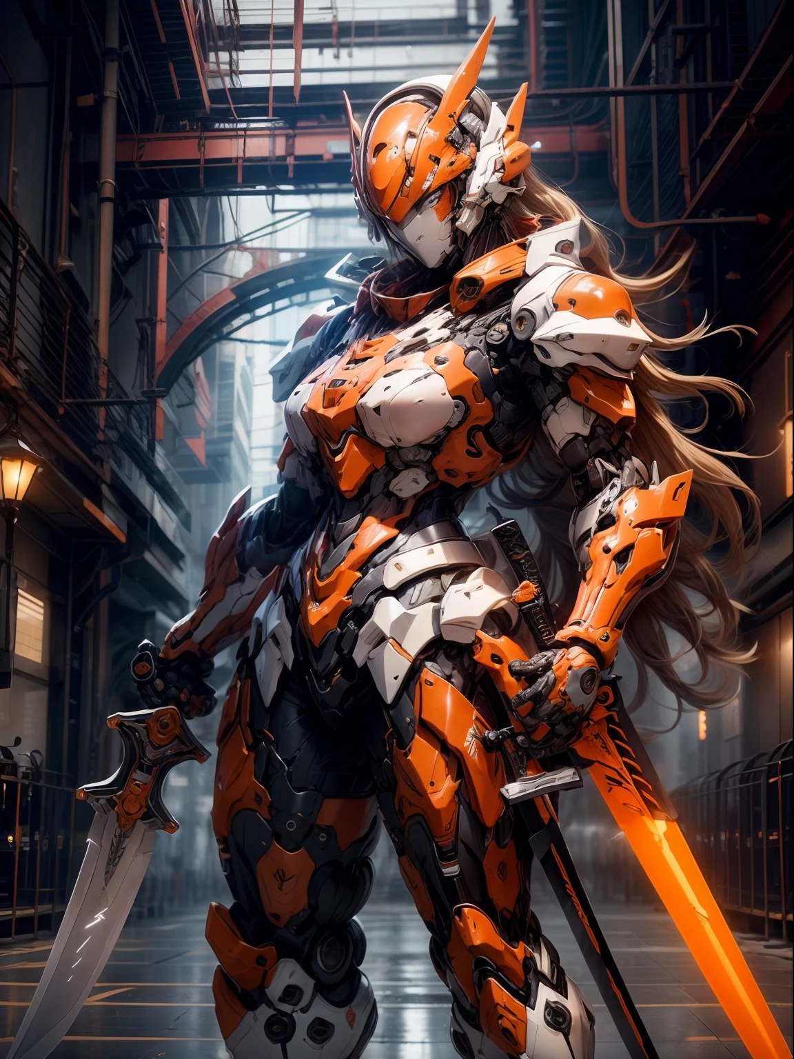 Mecha_Musume, 1girl, Longas_Hair, ciencia_fiction, arma, espada, propriedade_espada, laranja_olho, sozinho, kalap, propriedade_arma, Mecha, Standing, segurando espada, with sword in hand, sword hand,((sword hand)),parte superior do corpo