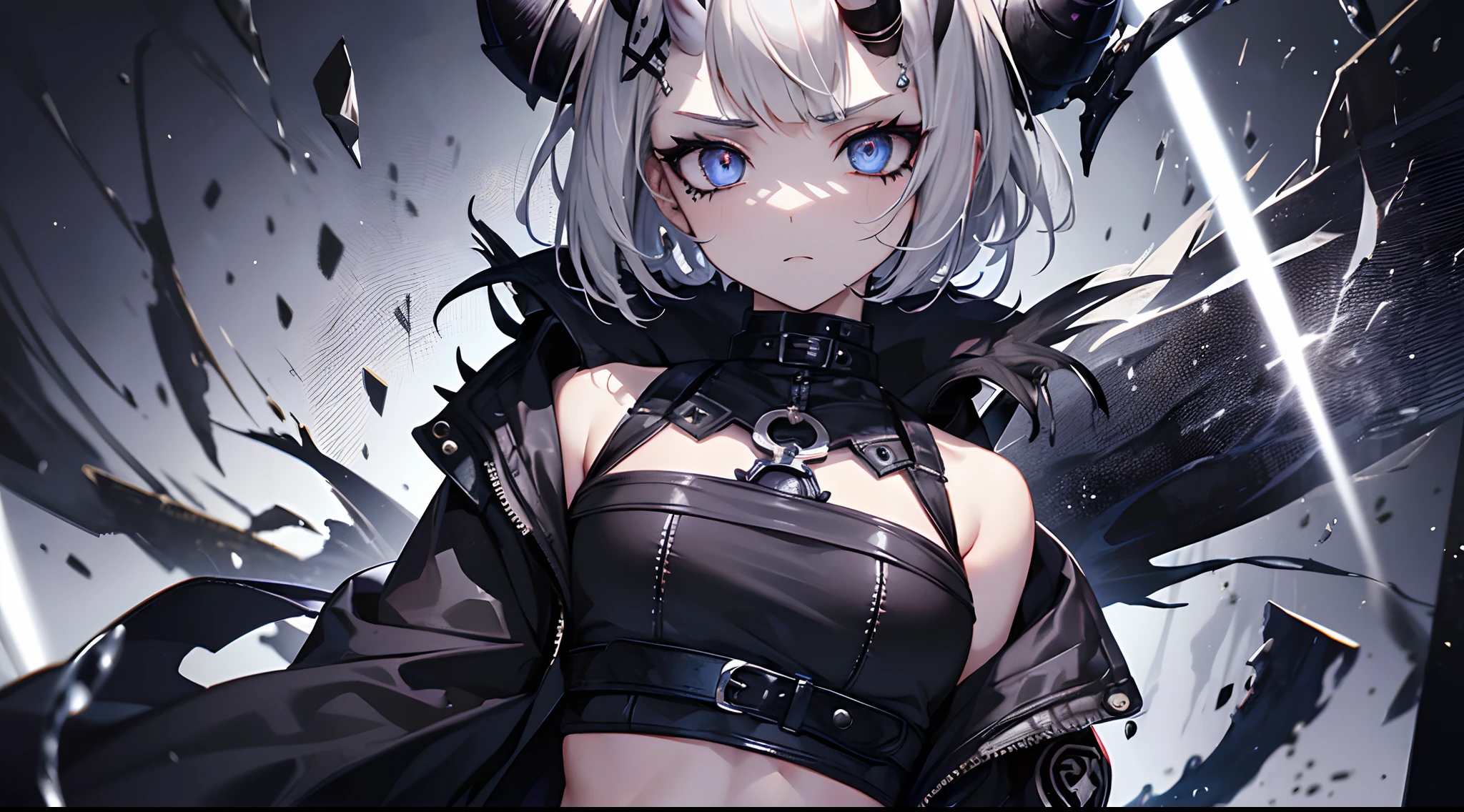 (Masterpiece,Best quality,Ultra-detailed),1girll,Dark Ambar hair,Short hair,(Messy hairstyle),oni horns,Gothpunk fashion, Beautiful and detailed face, Detailed eyes,(gray theme),view the viewer,Crop top,Jacket,Small chest,dust particles in the background