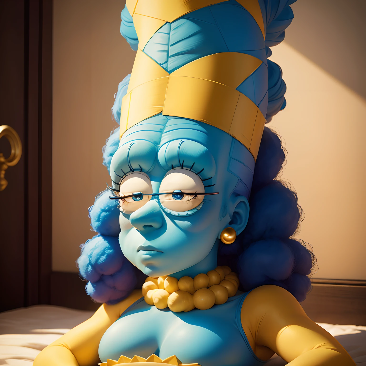Marge Simpson, traje de profesora , defined face, defined eyes, full lips, thin upturned nose, orgasmic expression, defined figure, thick legs, thin waist, huge breasts, detailed delicate hands, much more voluptuous, more muscular, much more lascivious, very nymphomaniac, doggy style sex