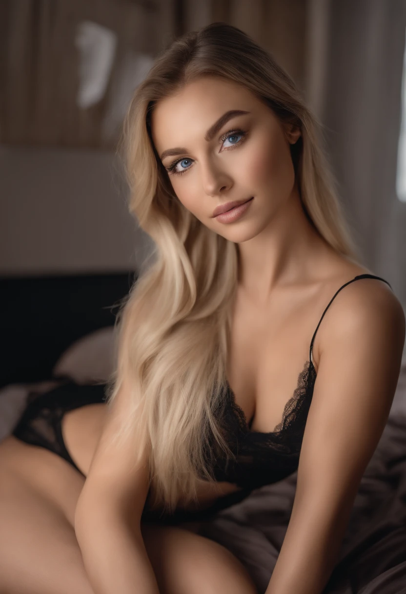 Arafed Full Woman, Sexy Girl with Blue Eyes, , Ultra Realistic, Meticulously Detailed, Portrait of Sophie Mudd, Blonde Hair and Big Eyes, Selfie of a Young Woman, Bedroom Eyes, Violet Myers, No Makeup, Natural Makeup, Looking Directly at the Camera, face artgram, subtle make-up, Impressive photo of the whole body kneeling on the bed, In the bedroom, Medium and large size chest, allowing the face to be seen clearly, portrait, in lace lingerie