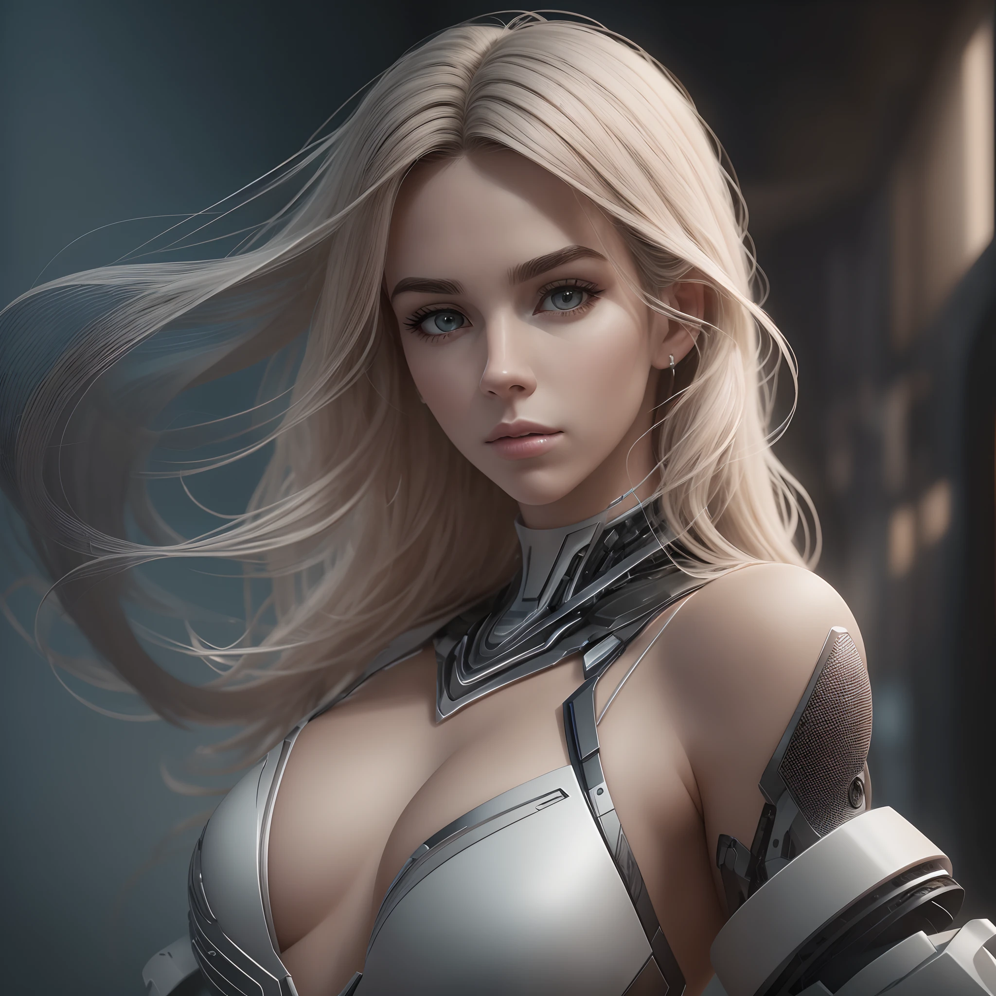 a 30 year old woman ultra detailed 3D complex, realistic rendering of skin texture, hyper-realistic, Cabello humano hiperrealista, Cabello con movimiento natural y suelto, cabello detallado, Vanessa kirby cabello, foto realista, Estilo Cyfy Android, Ciberpunk de lujo, Rostro humano, Modelo realista, Transparent white acrylic body, partes realistas del cuerpo humano, poses sensuales, Foto de la altura del muslo, Chips ultra realistas, Estructura cyborg 8K, Mysterious expression, Texturas 8K, Ultra detallado, Luz de estudio, Anillo de luz, hermosa lectura, Entorno de lujo minimalista, Mejor renderizado, Obra maestra, Fondo de pantalla de 8k, Obra maestra