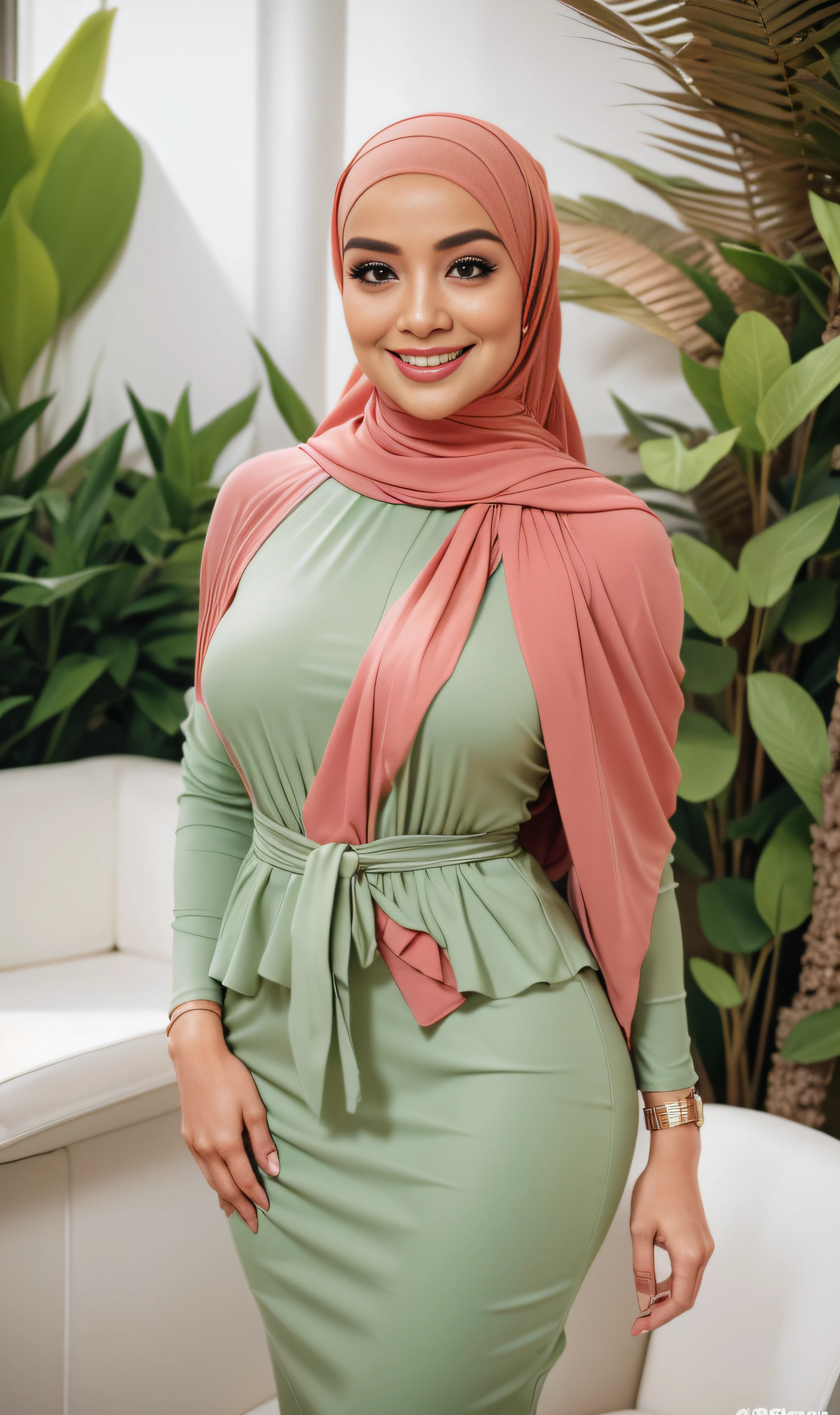 RAW, Best quality, high resolution, masterpiece: 1.3), beautiful Malay woman in hijab wear soft green Mini peplum Dress with floral pattern,(long sheer mini dress),(big breasts) , (masterpiece, perfect  body),(absurdres:1.3), walking, (detail skin:1.3, facial details:1.3), from above, looking at the viewer, sharp focus, smooth, (Malay beauty:1.3), (mature woman: 1.2), (large breasts:1.4, thick thighs:1.2, narrow:1.1) , sweet smile, (big_eyes:1.2, brown_eyes), red_eyeshadow, pink lips,looking at the viewer, street, (bokeh ),(sunlight on face:1.5), open_blazer,