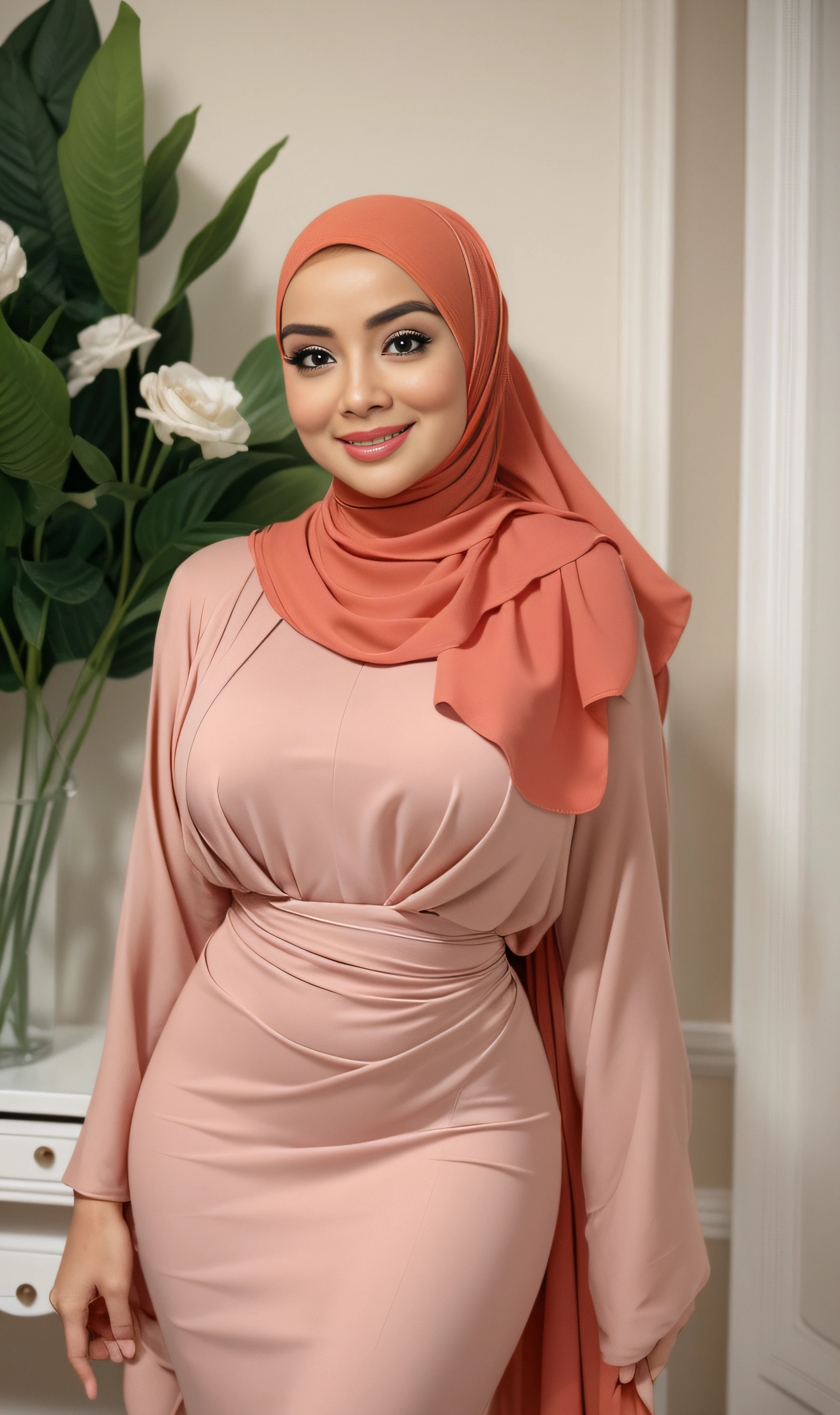 RAW, Best quality, high resolution, masterpiece: 1.3), beautiful Malay woman in hijab wear soft green Mini peplum Dress with floral pattern,(long sheer mini dress),(big breasts) , (masterpiece, perfect body),(absurdres:1.3), walking, (detail skin:1.3, facial details:1.3), from above, looking at the viewer, sharp focus, smooth, (Malay beauty:1.3), (mature woman: 1.2), (large breasts:1.4, thick thighs:1.2, narrow:1.1) , sweet smile, (big_eyes:1.2, brown_eyes), red_eyeshadow, pink lips,looking at the viewer, street, (bokeh ),(sunlight on face:1.5), open_blazer,
