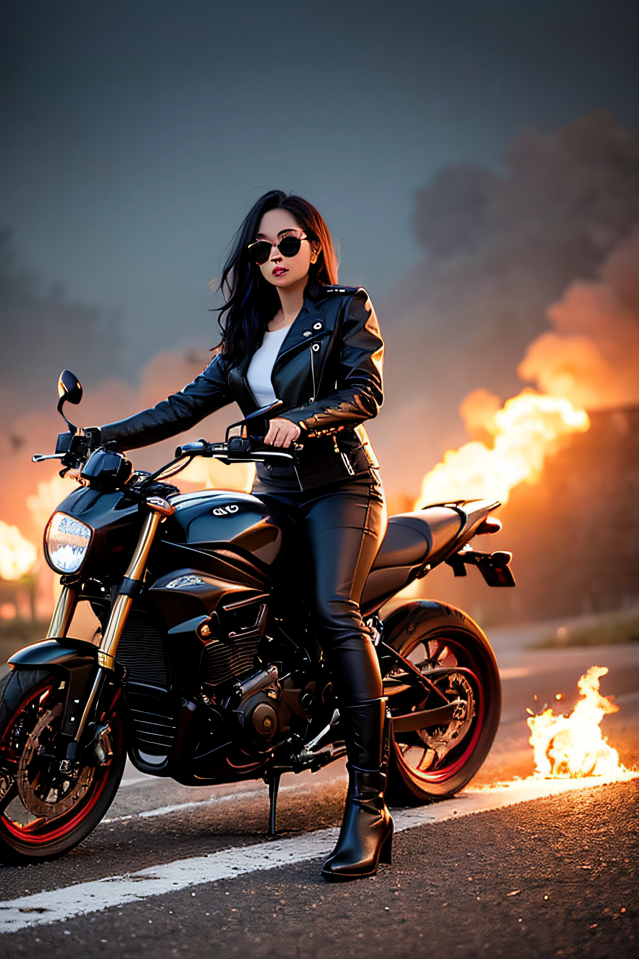 1girl, long curly black hair, brown eyes, wearing black leather jacket, black leather long pants, black boots, city, riding motorcycle, high res, ultrasharp, 8K, masterpiece, looking at viewer, full body photo, magnificent scene, epic scenes, fire, battlefield, smoke, ember, gothic, moon, black sunglasses