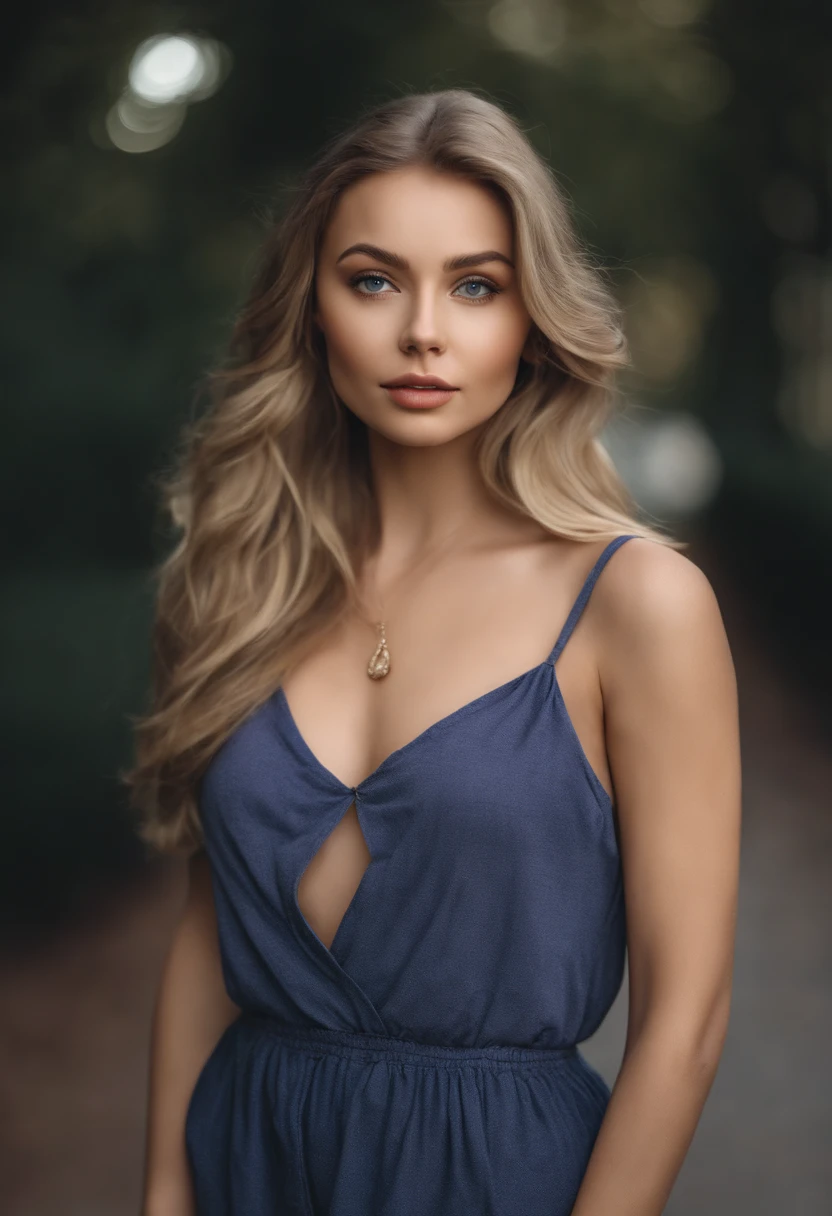 Arafed Full Woman, Sexy Girl with Blue Eyes, , Ultra Realistic, Meticulously Detailed, Portrait of Sophie Mudd, Blonde Hair and Big Eyes, Selfie of a Young Woman, relaxed Eyes, Violet Myers, No Makeup, Natural Makeup, Looking Directly at the Camera, face artgram, subtle make-up, Impressive photo of the whole body standing on sidewalk, on street corner, Medium and large size chest, allowing the face to be seen clearly, portrait, in stylish clothes