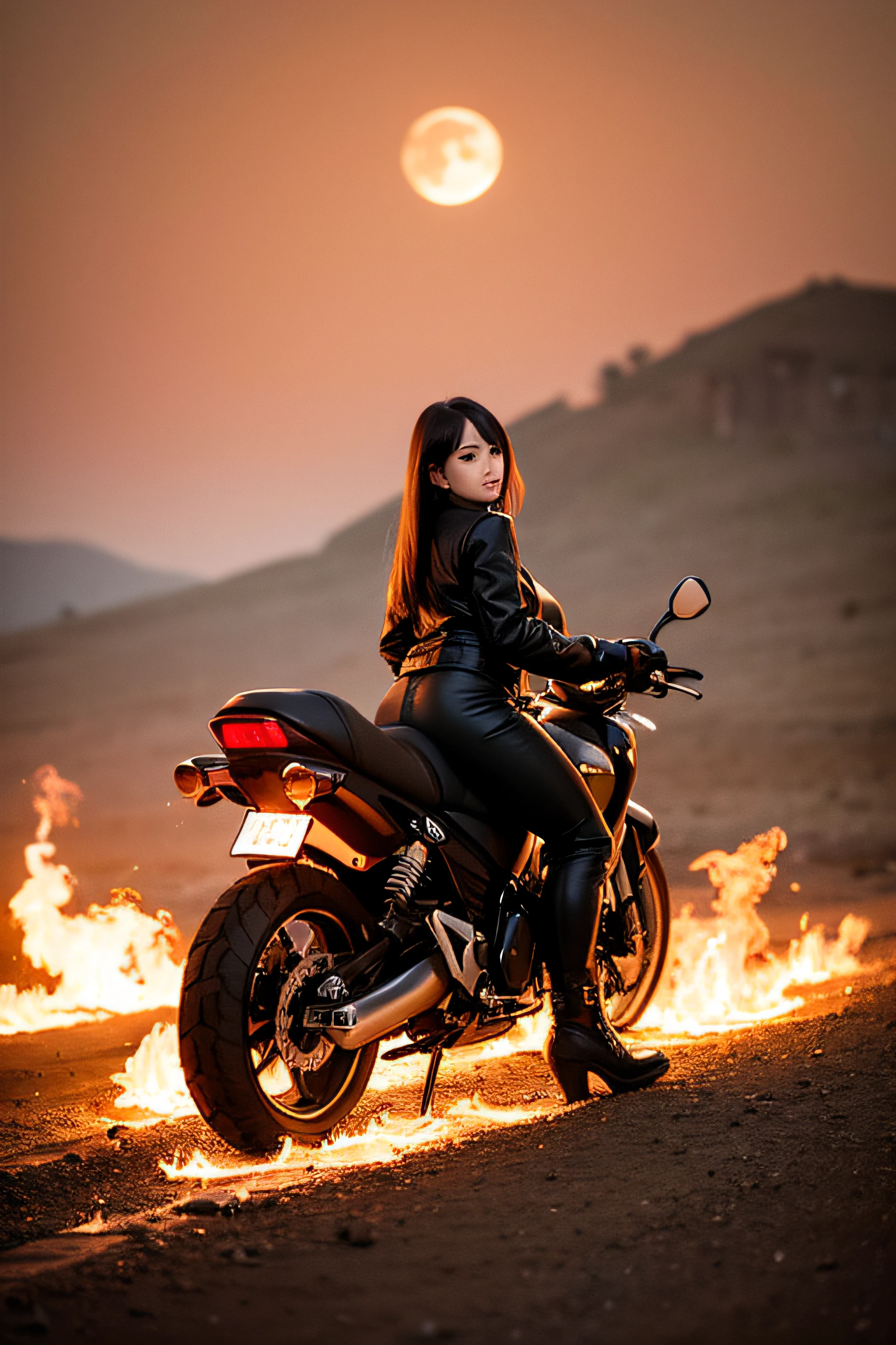 1girl, long curly black hair, brown eyes, wearing black leather jacket, black leather long pants, black boots, city, riding motorcycle, high res, ultrasharp, 8K, masterpiece, looking at viewer, full body photo, magnificent scene, epic scenes, fire, battlefield, smoke, ember, gothic, moon, black sunglasses