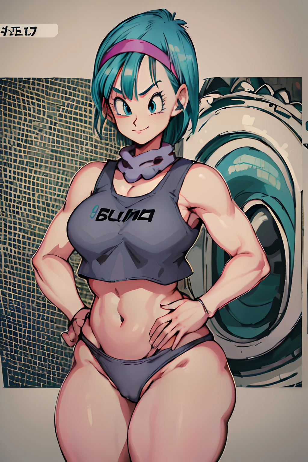 masterpiece, best quality, highres, dragon ball, blmpony, ((aqua hair)), (medium hair), big breasts, pointy breasts, ((gray tanktop, crop top, grey panties)), belly button, ((panties)), ((thick thighs)), head band, standing, slim, skinny, free hair, smile, (metalic tiles background)