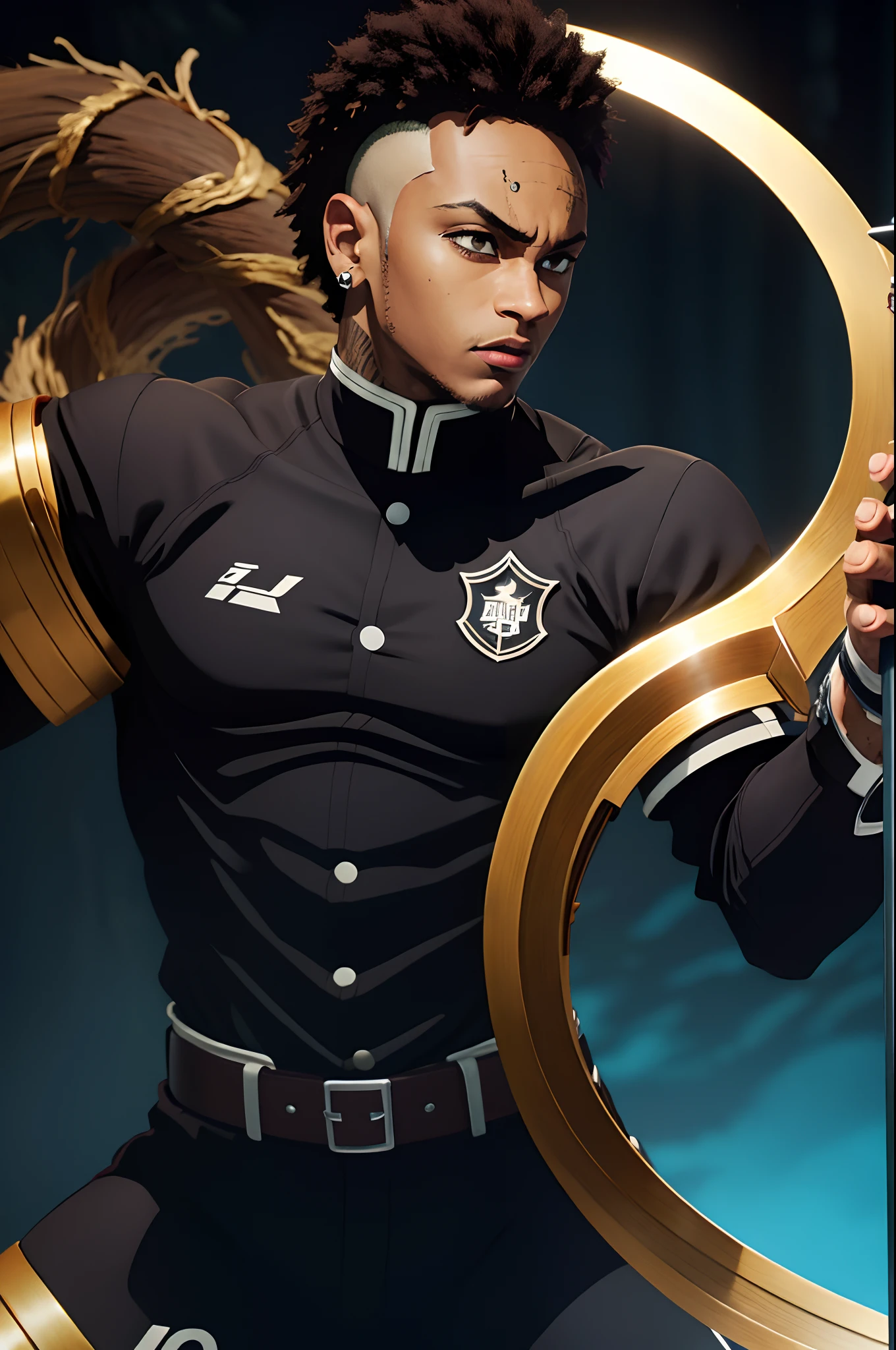 black young man, negro, neymar hairstyle, uniforme demon slayer, sword, lindo, strong, stylish pose, lindo