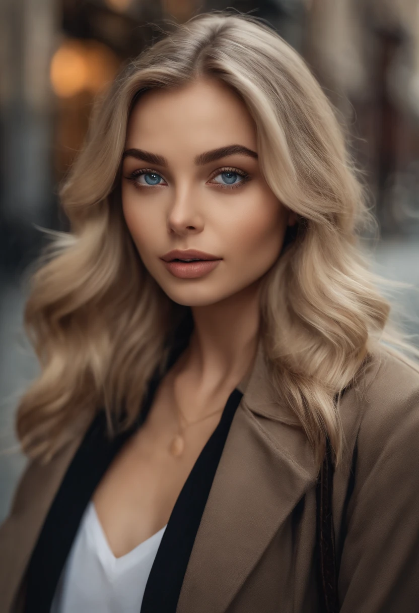 Arafed Full Woman, Sexy Girl with Blue Eyes, Ultra Realistic, Meticulously Detailed, Portrait of Sophie Mudd, Blonde Hair and Big Eyes, Selfie of a Young Woman, relaxed Eyes, Violet Myers, No Makeup, Looking Directly at the Camera, face artgram, subtle make-up, Impressive photo of the whole body standing on sidewalk, on street corner, Medium and large size chest, allowing the face to be seen clearly, portrait, in stylish clothes