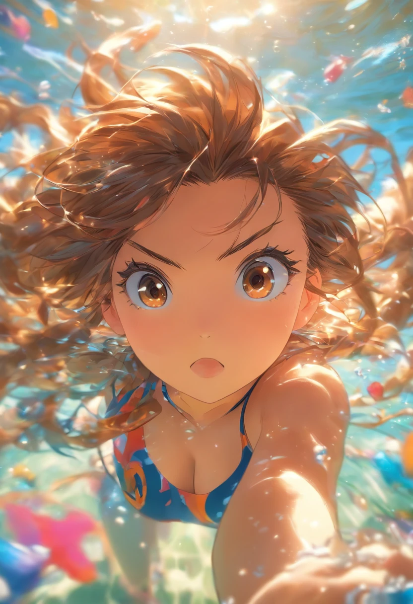 escorzo, Profundidad de campo, Obra maestra, La mejor calidad, 1girl, brown hair, brown eyes, Cabello largo, Submarino, burbuja de aire, solamente, Mirando al espectador, school swimsuit, swimming, Luz solar moteada,