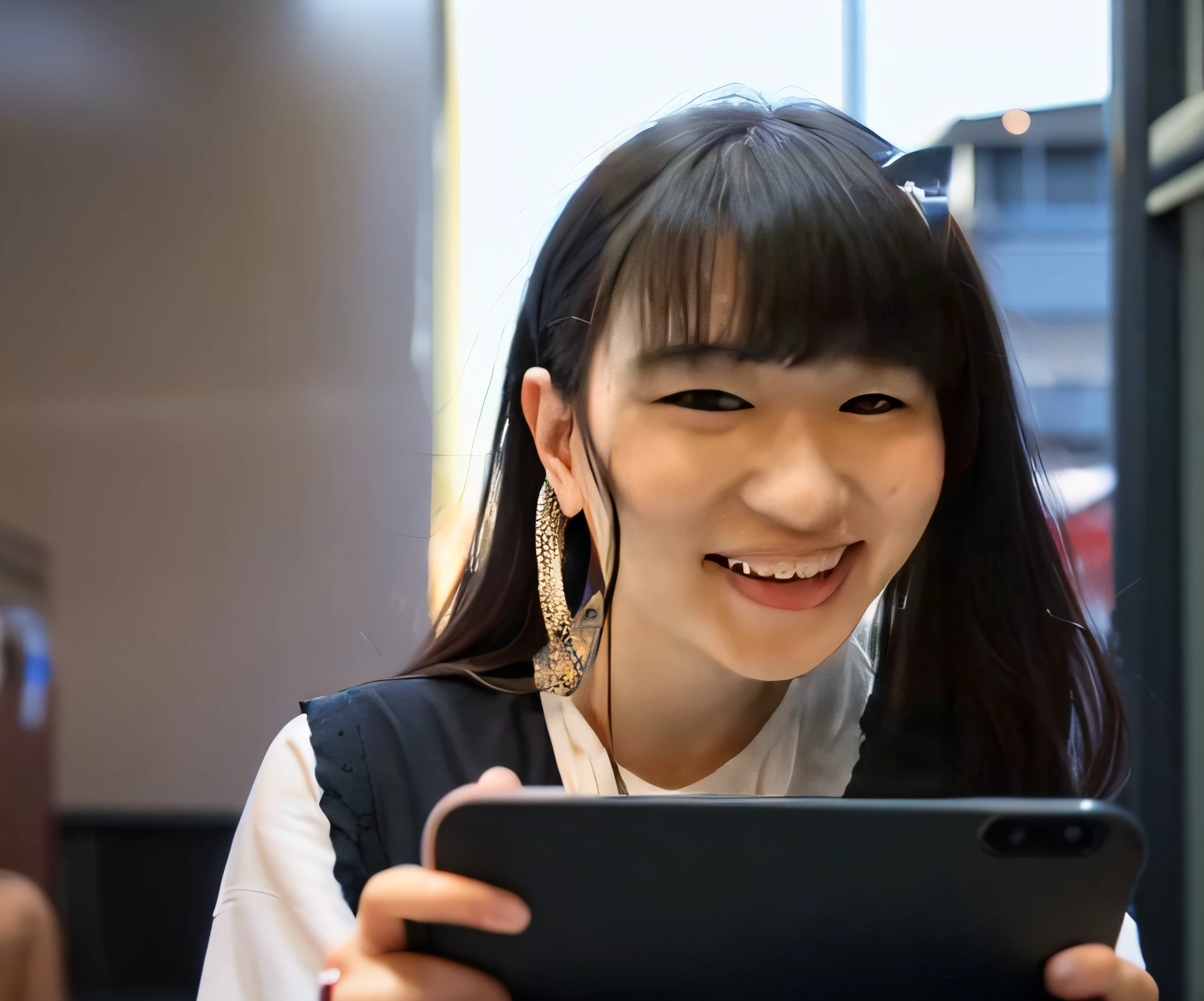 Arab woman with long black hair smiling and holding mobile phone, Kotegawa Yui, chiho, narumi kakinouchi, Shiori Teshirogi, Junko Enoshima, yukii morita, Na Kawahara々favor, tsugumi ohba, Yuka Kazami, chiaki nanami, mamimi samejima