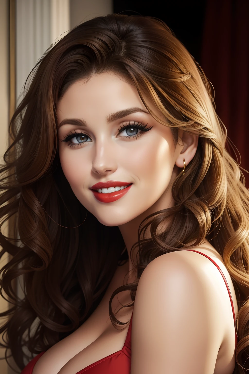 lucy pinder, face portrait, curly hair, smiling, red lipstick