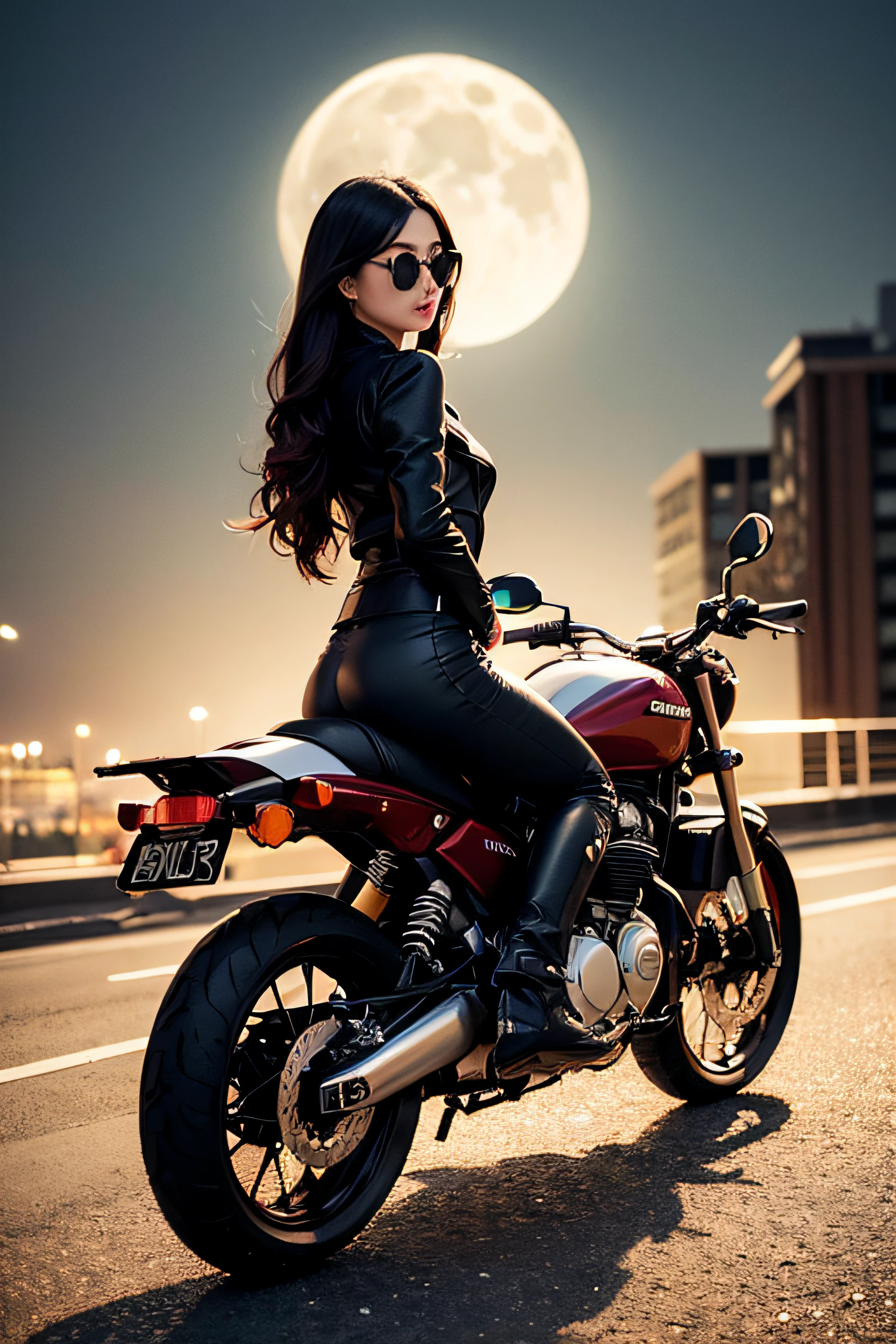 1girl, long curly black hair, brown eyes, wearing black leather jacket, black leather long pants, black boots, city, riding motorcycle, high res, ultrasharp, 8K, masterpiece, looking at viewer, full body photo, magnificent scene, epic scenes, gothic, moon, black sunglasses